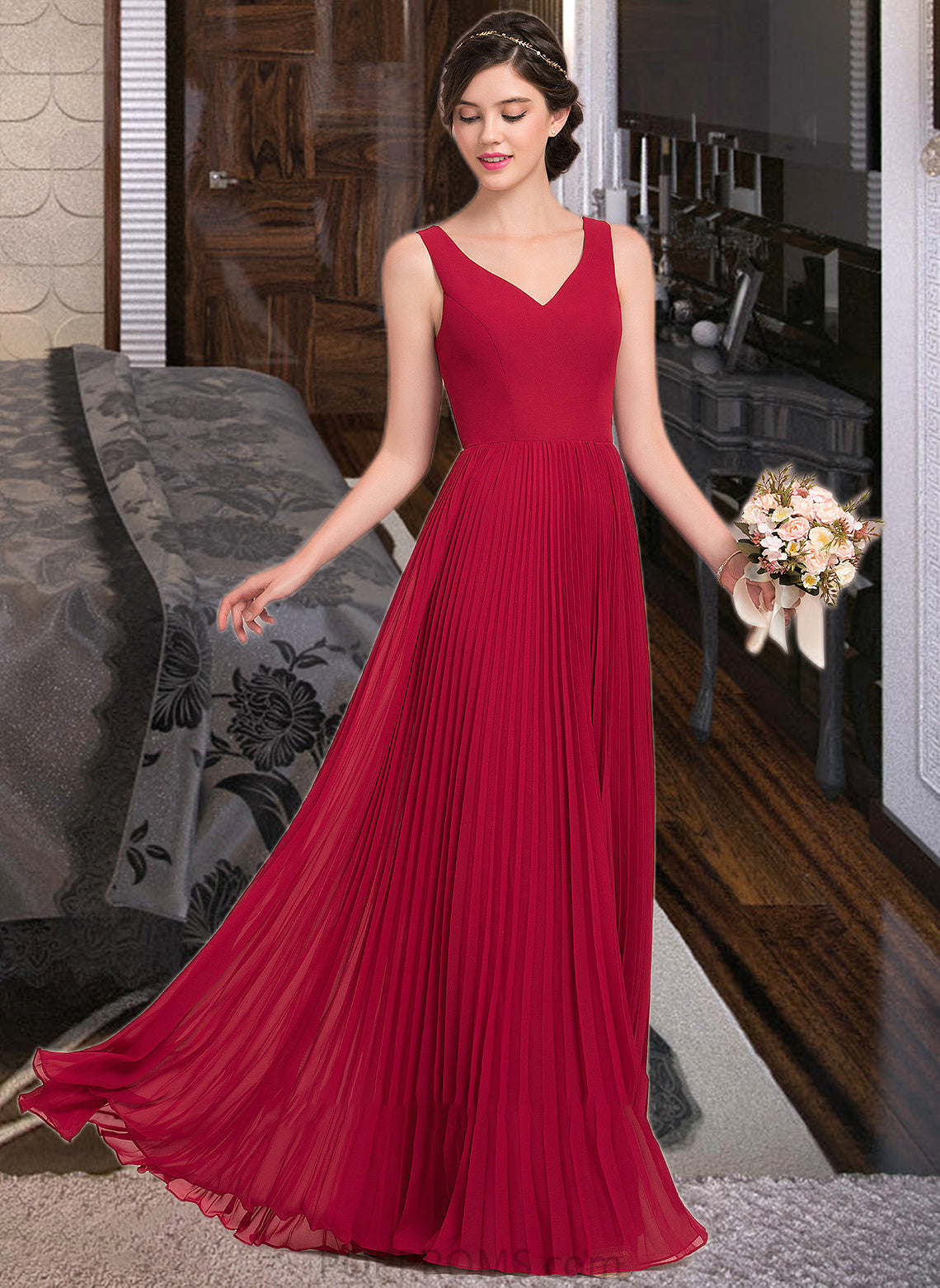 Elsie A-Line V-neck Floor-Length Chiffon Bridesmaid Dress With Split Front Pleated PP6P0013007