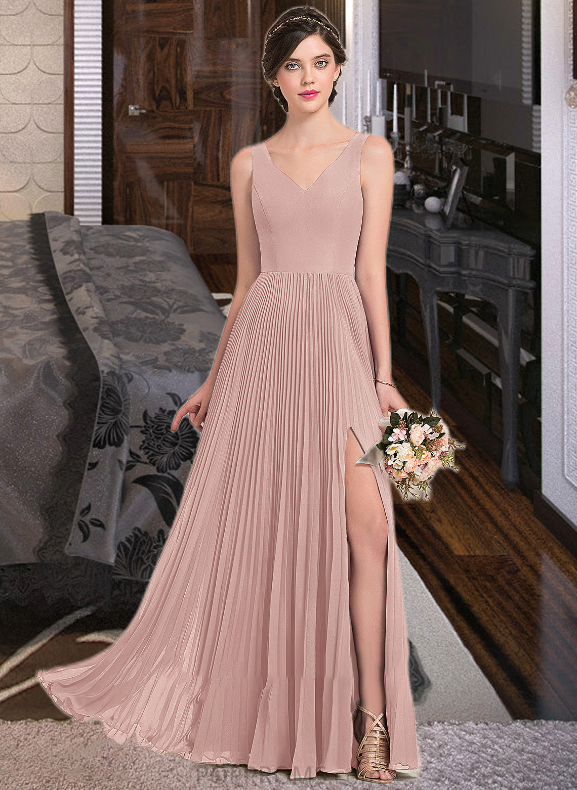 Elsie A-Line V-neck Floor-Length Chiffon Bridesmaid Dress With Split Front Pleated PP6P0013007