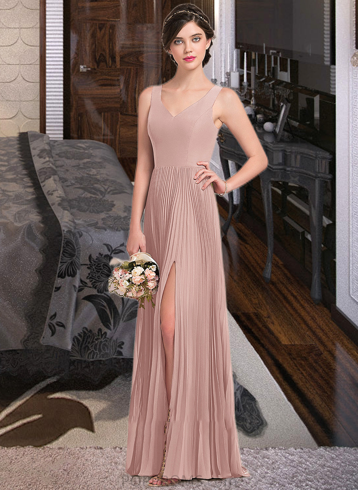 Elsie A-Line V-neck Floor-Length Chiffon Bridesmaid Dress With Split Front Pleated PP6P0013007