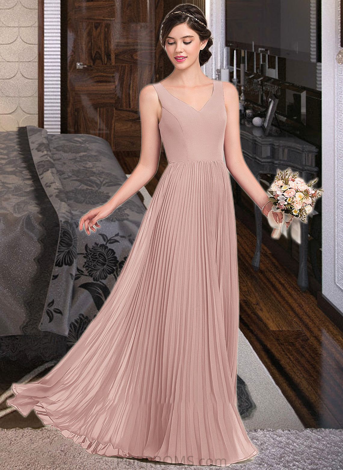 Elsie A-Line V-neck Floor-Length Chiffon Bridesmaid Dress With Split Front Pleated PP6P0013007