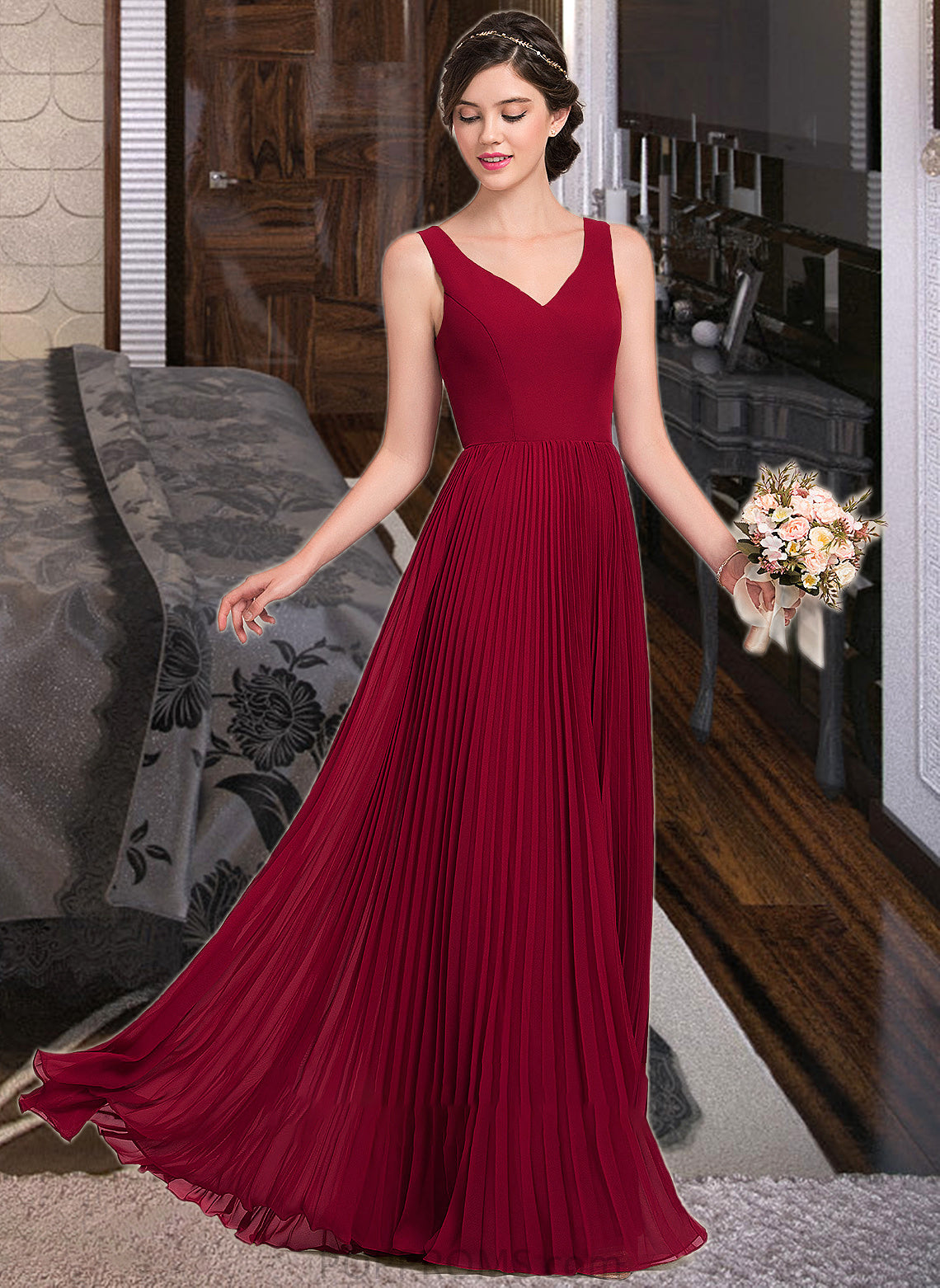 Elsie A-Line V-neck Floor-Length Chiffon Bridesmaid Dress With Split Front Pleated PP6P0013007