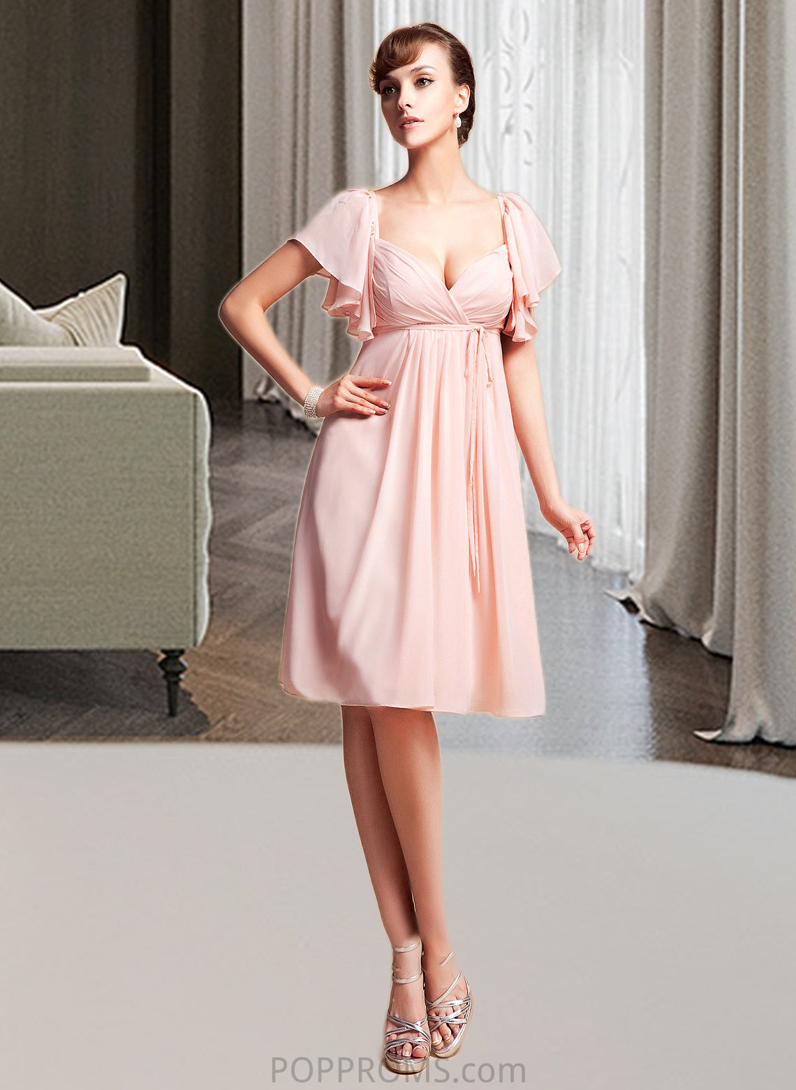 Elisabeth Empire Sweetheart Knee-Length Chiffon Bridesmaid Dress With Cascading Ruffles PP6P0013009