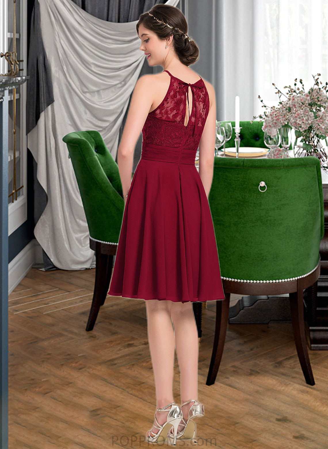 Ariel A-Line Scoop Neck Knee-Length Chiffon Lace Bridesmaid Dress With Ruffle Bow(s) PP6P0013012