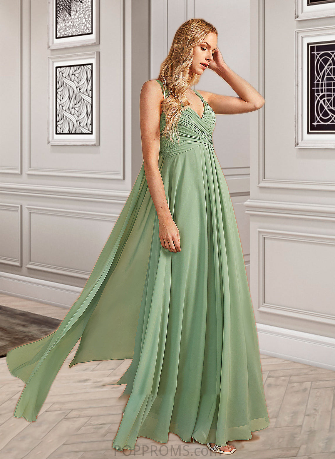 Kiara A-Line V-neck Floor-Length Bridesmaid Dress With Ruffle PP6P0013014