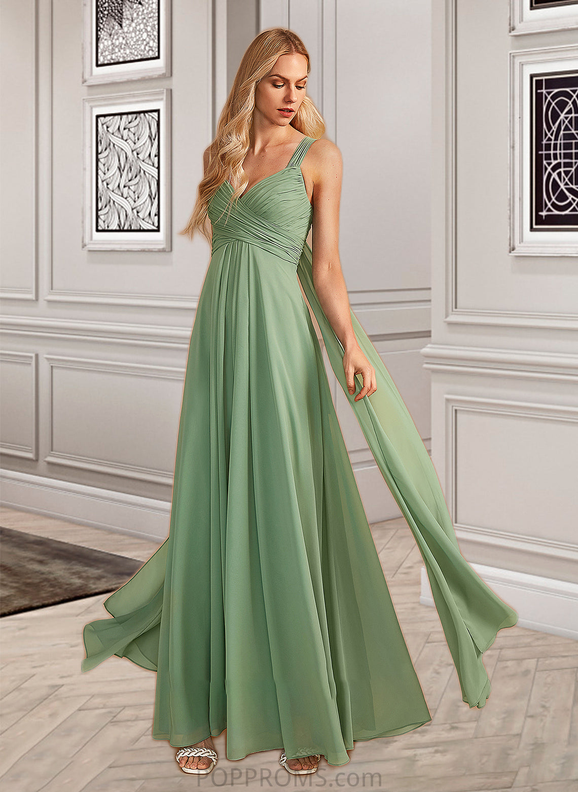 Kiara A-Line V-neck Floor-Length Bridesmaid Dress With Ruffle PP6P0013014