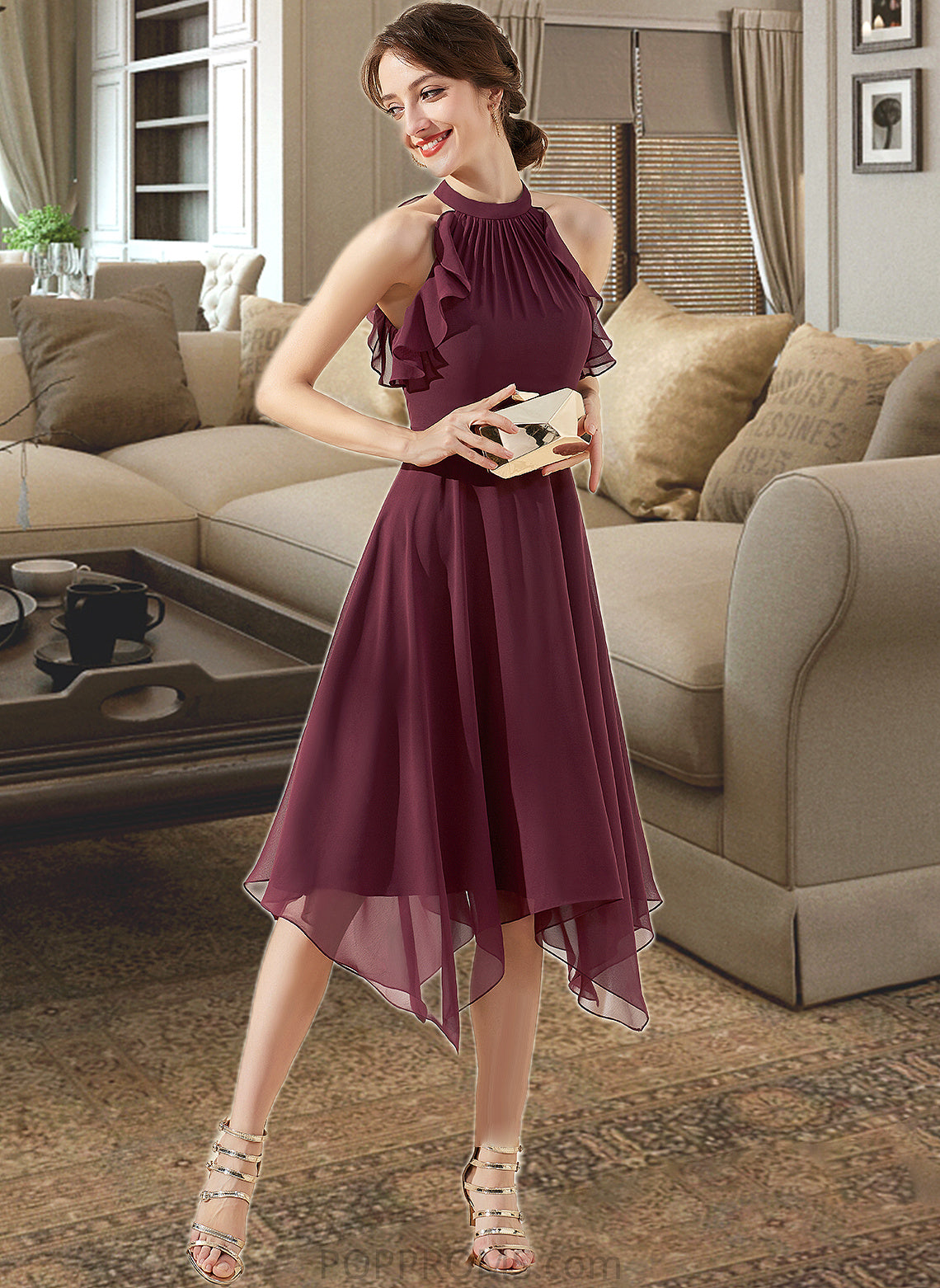 Lindsay A-Line Scoop Neck Tea-Length Chiffon Bridesmaid Dress With Cascading Ruffles PP6P0013016