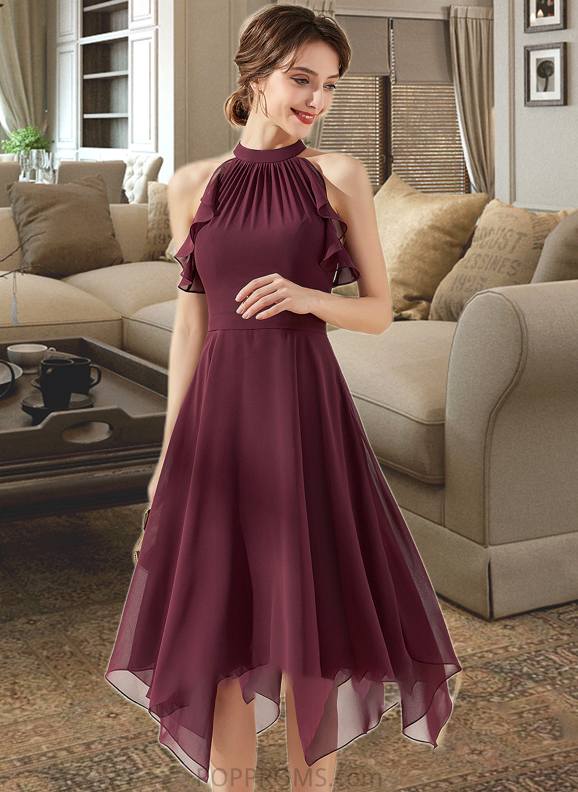 Lindsay A-Line Scoop Neck Tea-Length Chiffon Bridesmaid Dress With Cascading Ruffles PP6P0013016