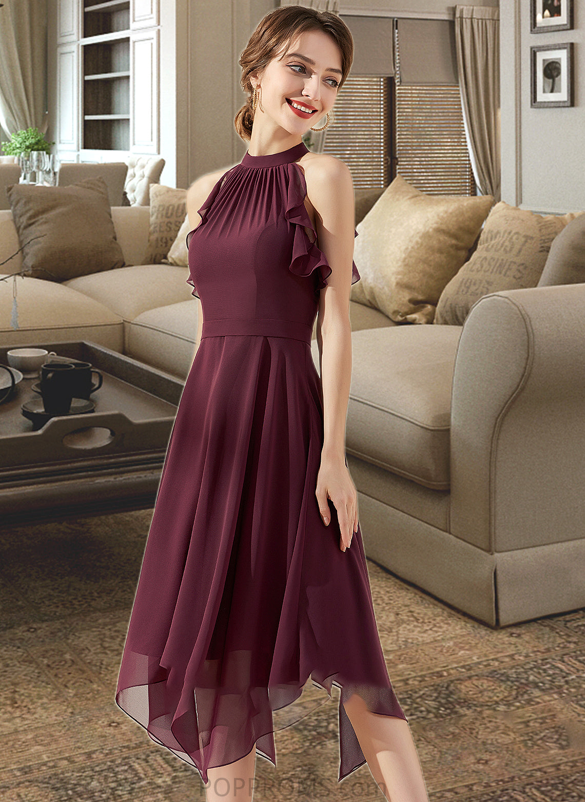 Lindsay A-Line Scoop Neck Tea-Length Chiffon Bridesmaid Dress With Cascading Ruffles PP6P0013016