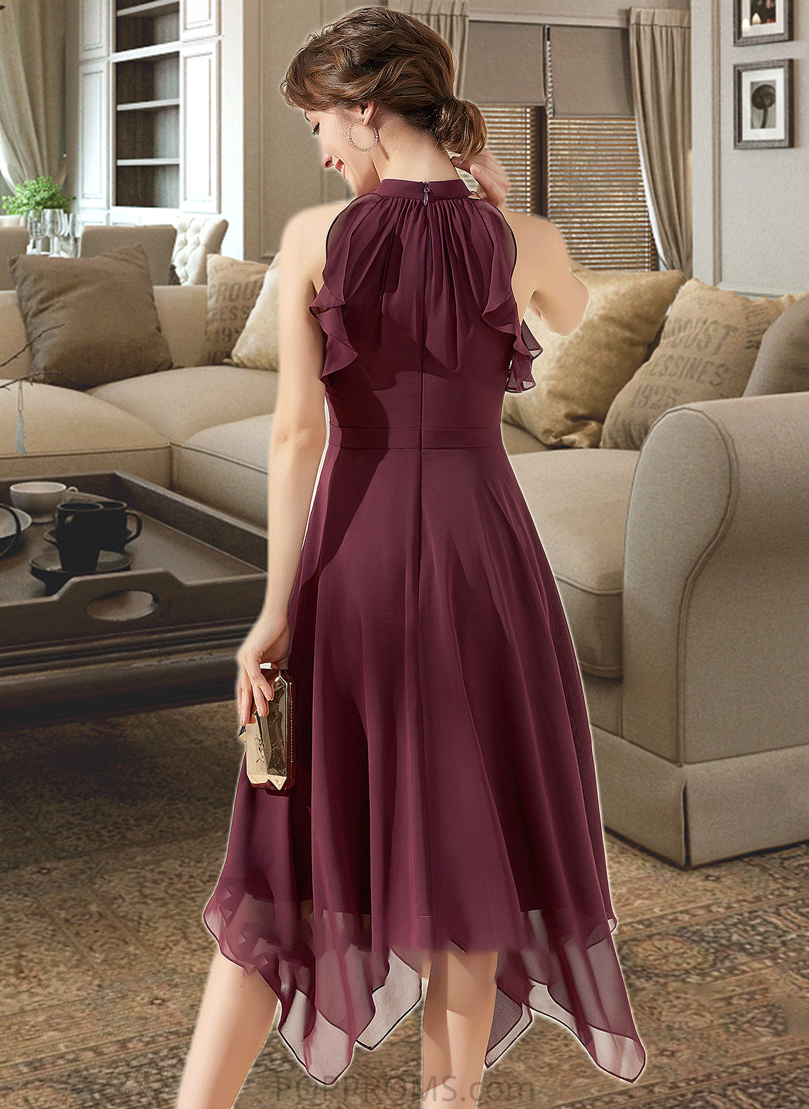 Lindsay A-Line Scoop Neck Tea-Length Chiffon Bridesmaid Dress With Cascading Ruffles PP6P0013016