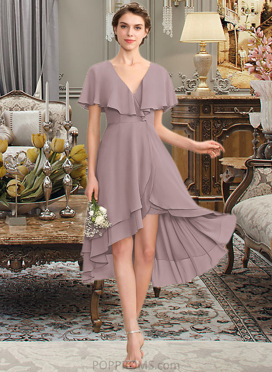 Kyla A-line V-Neck Asymmetrical Chiffon Bridesmaid Dress With Cascading Ruffles PP6P0013019