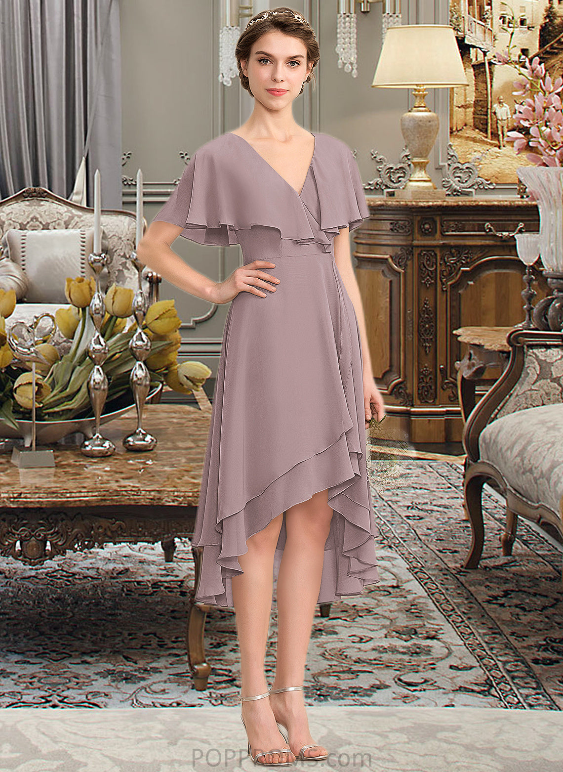 Kyla A-line V-Neck Asymmetrical Chiffon Bridesmaid Dress With Cascading Ruffles PP6P0013019