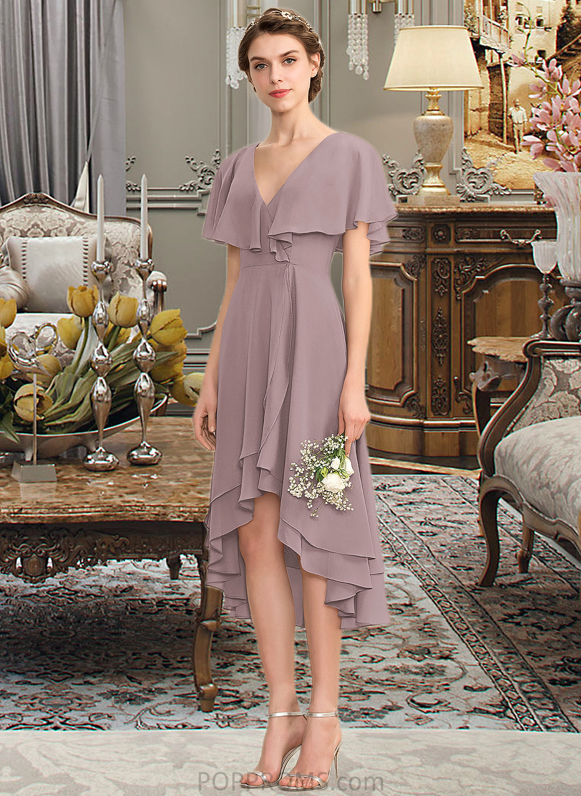 Kyla A-line V-Neck Asymmetrical Chiffon Bridesmaid Dress With Cascading Ruffles PP6P0013019