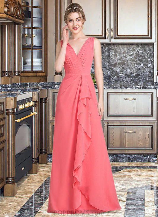 Belinda A-line V-Neck Floor-Length Chiffon Bridesmaid Dress With Cascading Ruffles PP6P0013021