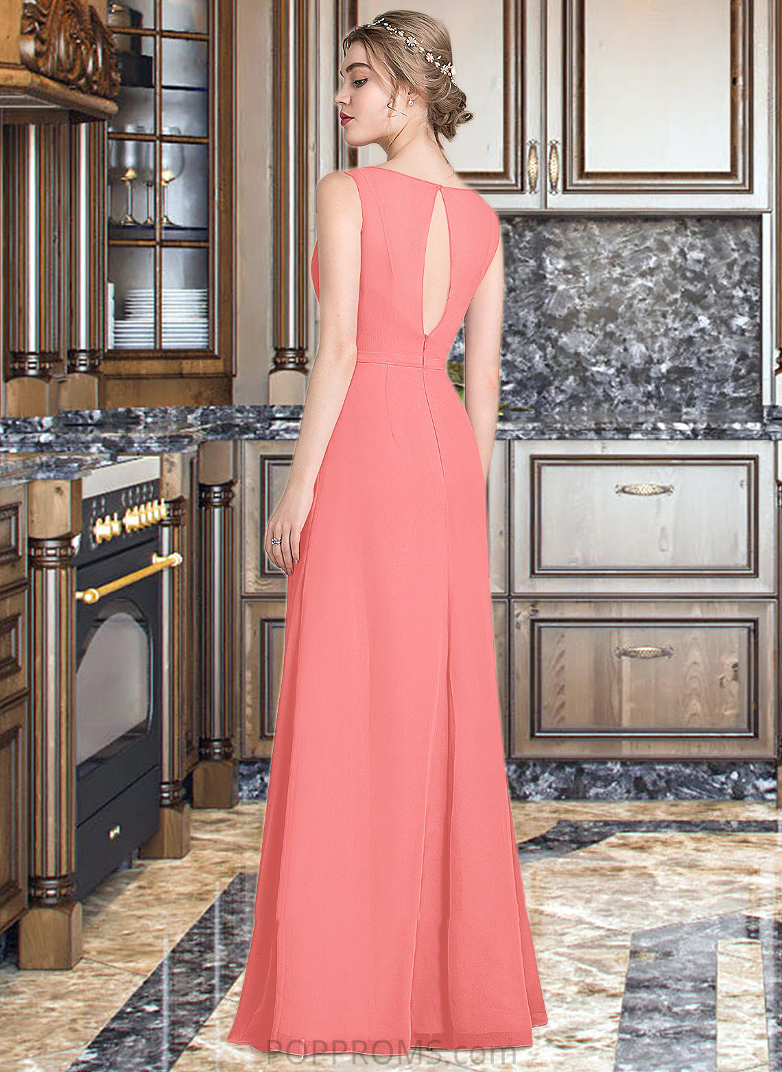 Belinda A-line V-Neck Floor-Length Chiffon Bridesmaid Dress With Cascading Ruffles PP6P0013021