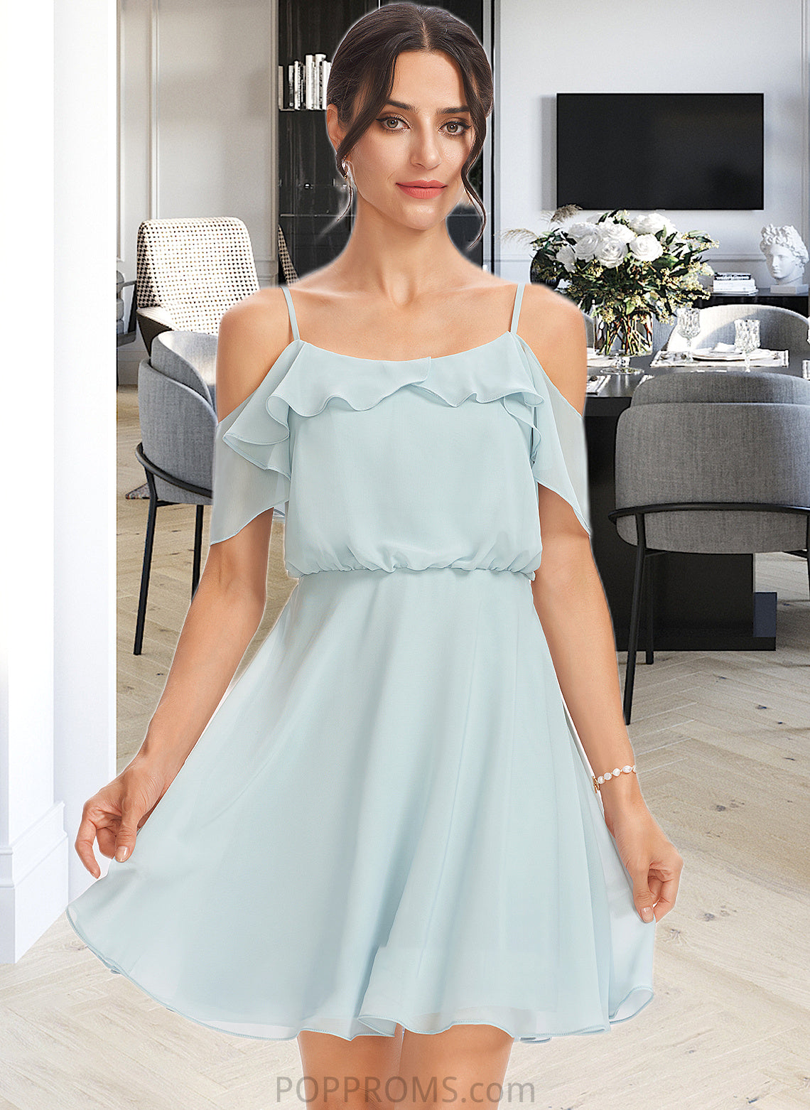 Krista A-Line V-neck Short/Mini Bridesmaid Dress With Cascading Ruffles PP6P0013023