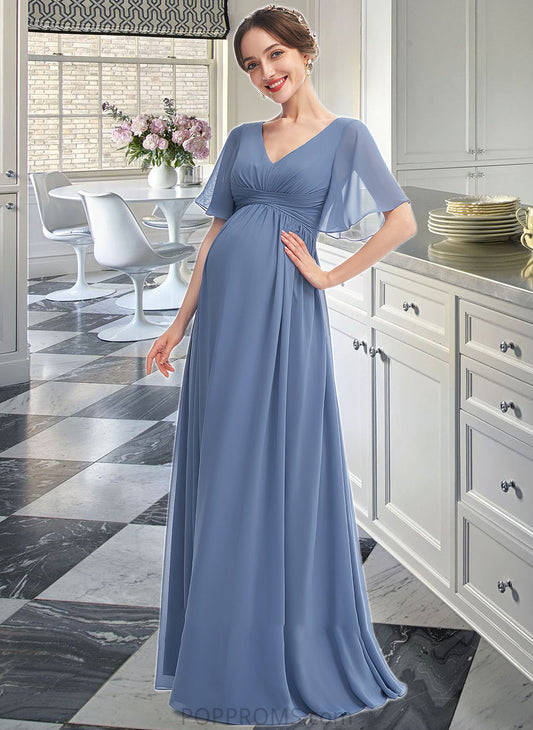 Deja A-Line V-neck Floor-Length Bridesmaid Dress With Ruffle PP6P0013024