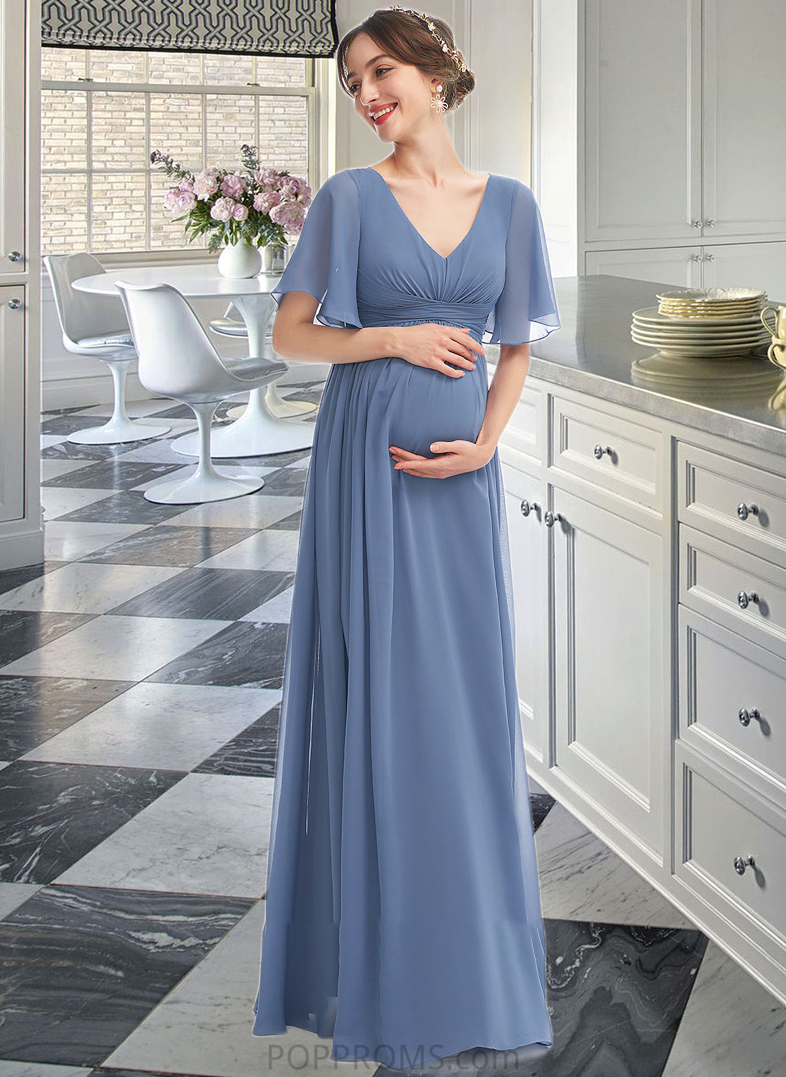 Deja A-Line V-neck Floor-Length Bridesmaid Dress With Ruffle PP6P0013024