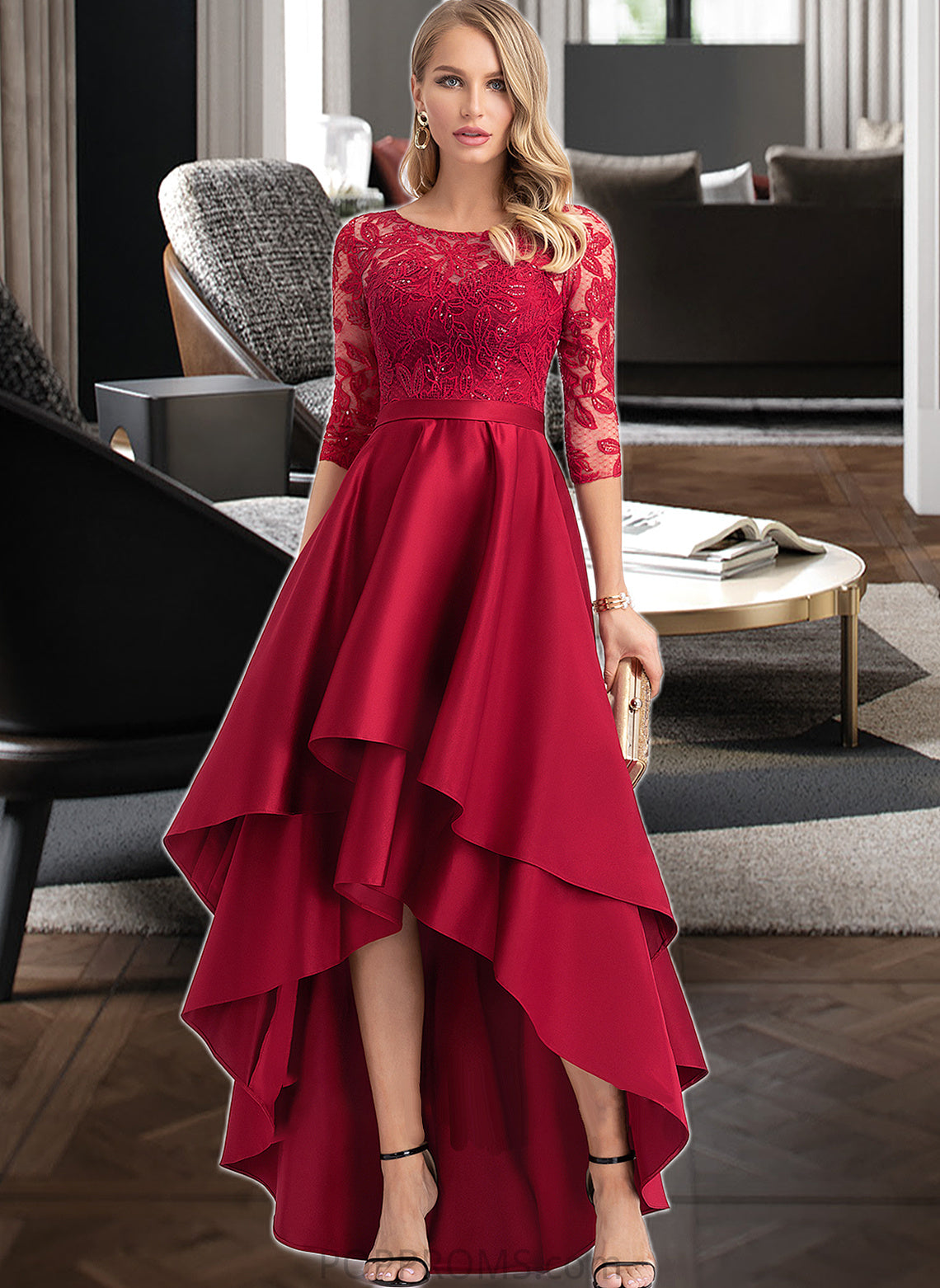 Kylee A-Line Scoop Neck Asymmetrical Satin Bridesmaid Dress With Sequins PP6P0013027