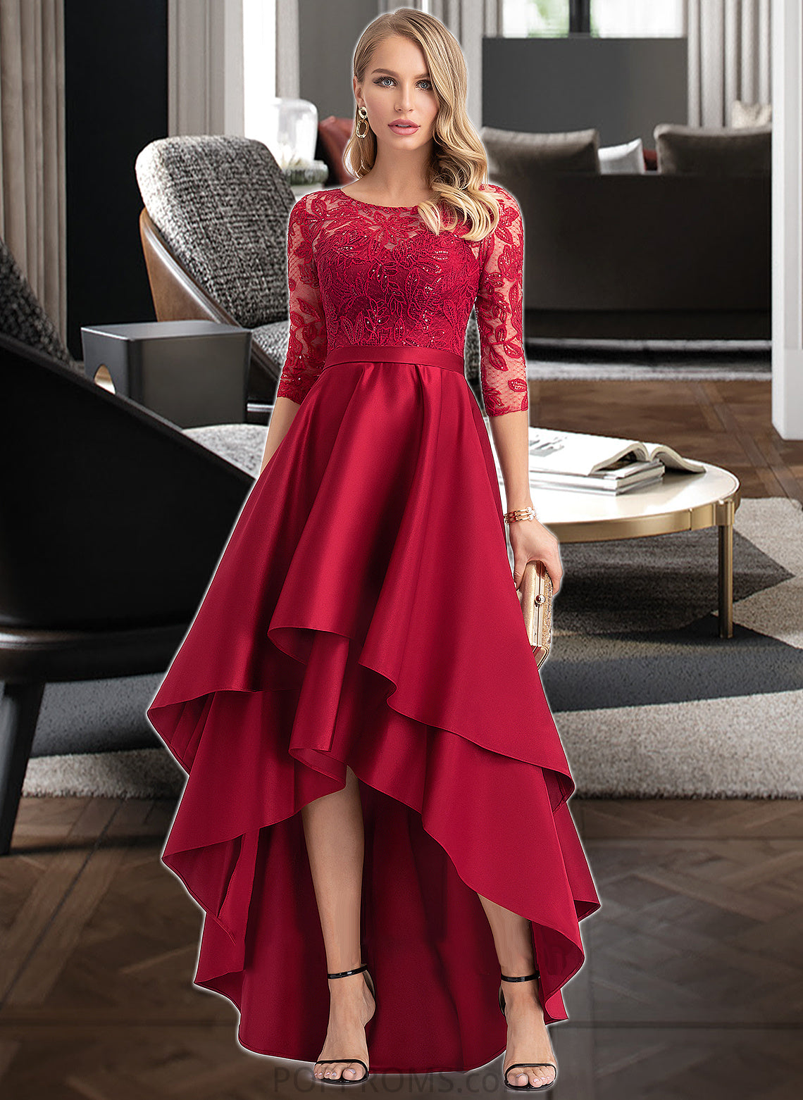 Kylee A-Line Scoop Neck Asymmetrical Satin Bridesmaid Dress With Sequins PP6P0013027