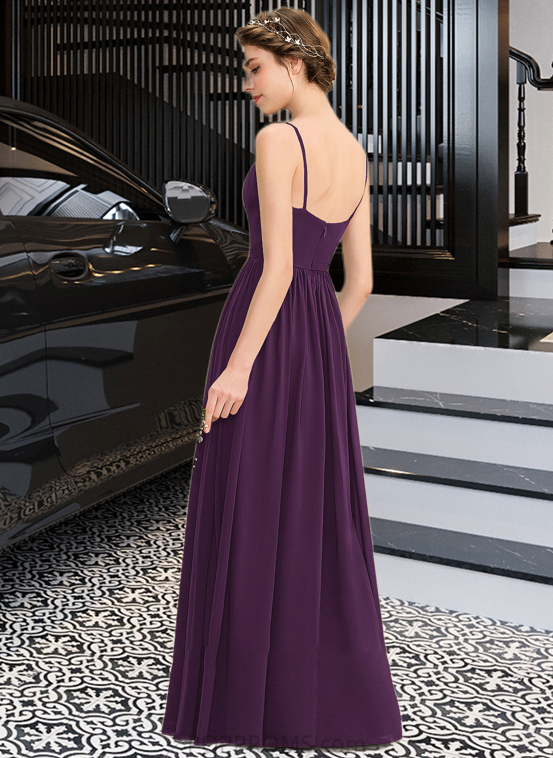 Gabrielle A-Line V-neck Floor-Length Chiffon Bridesmaid Dress With Beading Sequins Split Front Pockets PP6P0013028