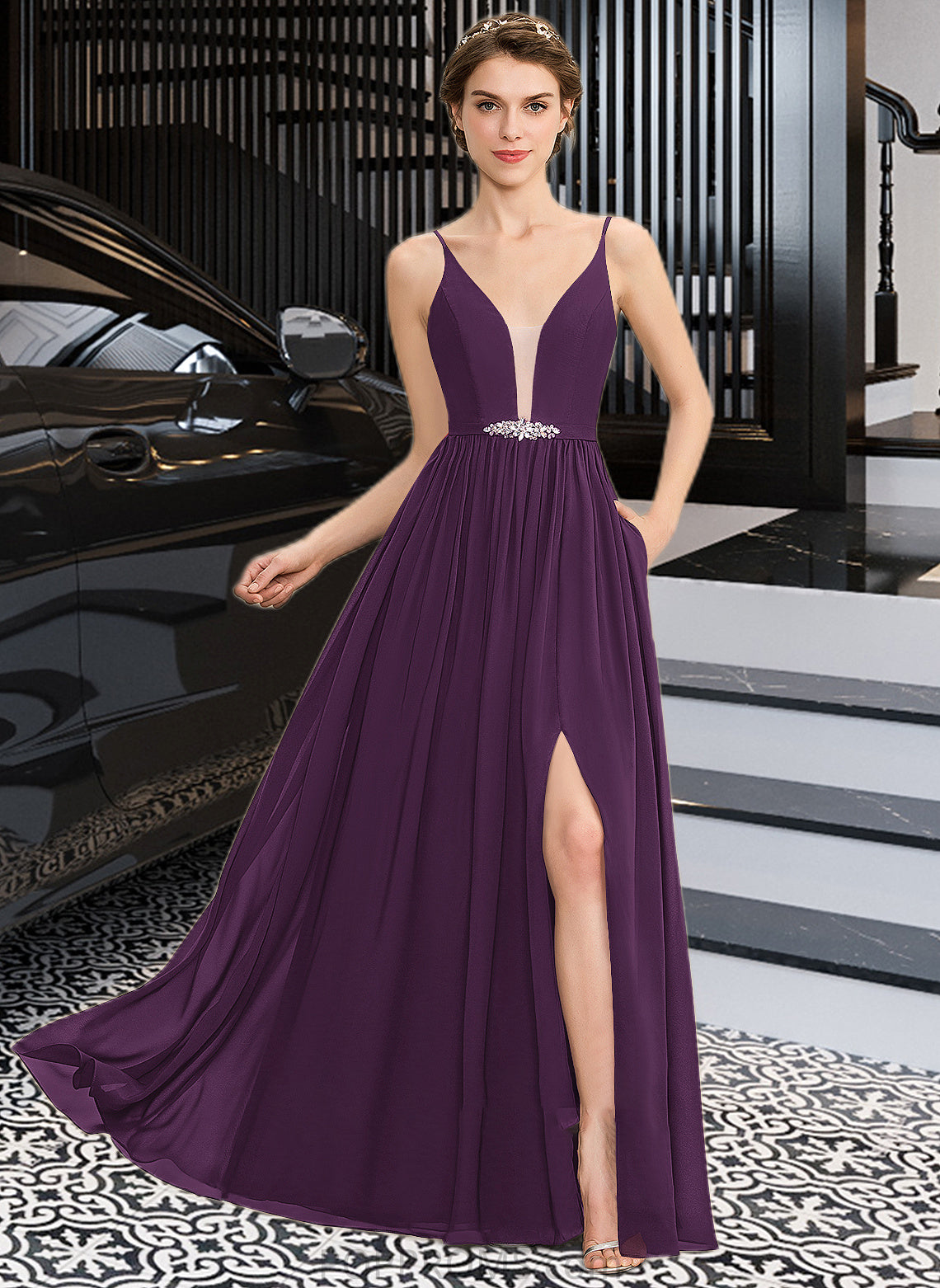 Gabrielle A-Line V-neck Floor-Length Chiffon Bridesmaid Dress With Beading Sequins Split Front Pockets PP6P0013028