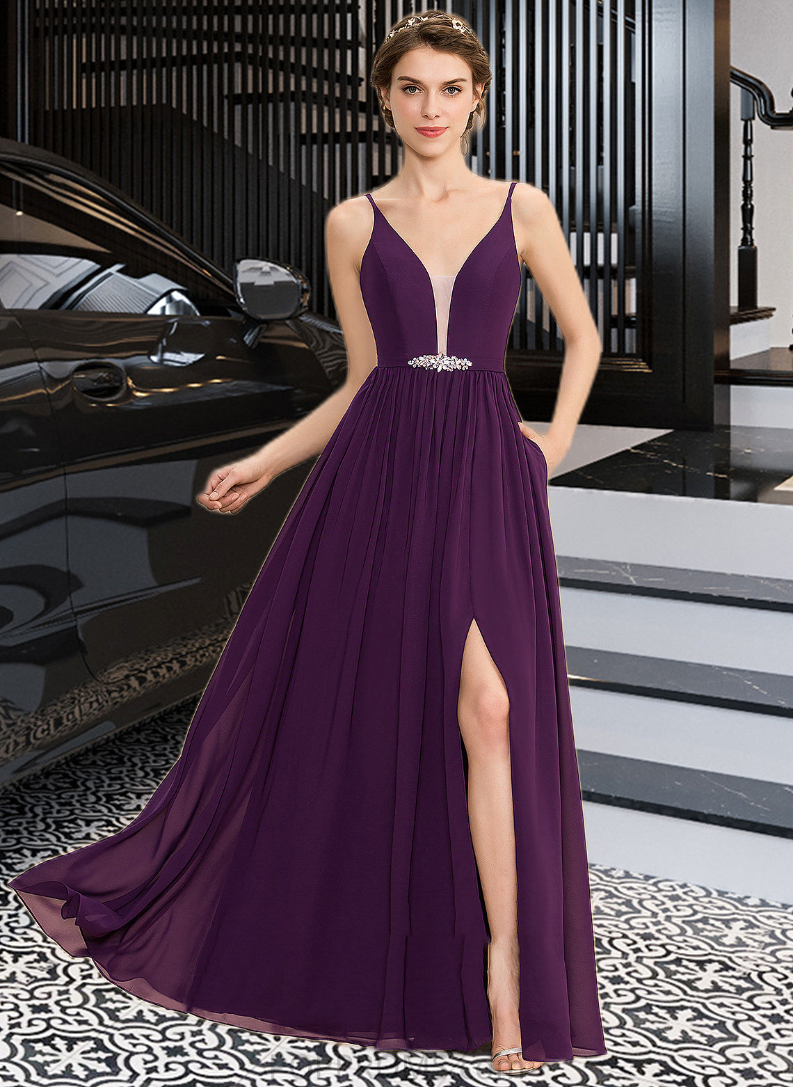 Gabrielle A-Line V-neck Floor-Length Chiffon Bridesmaid Dress With Beading Sequins Split Front Pockets PP6P0013028