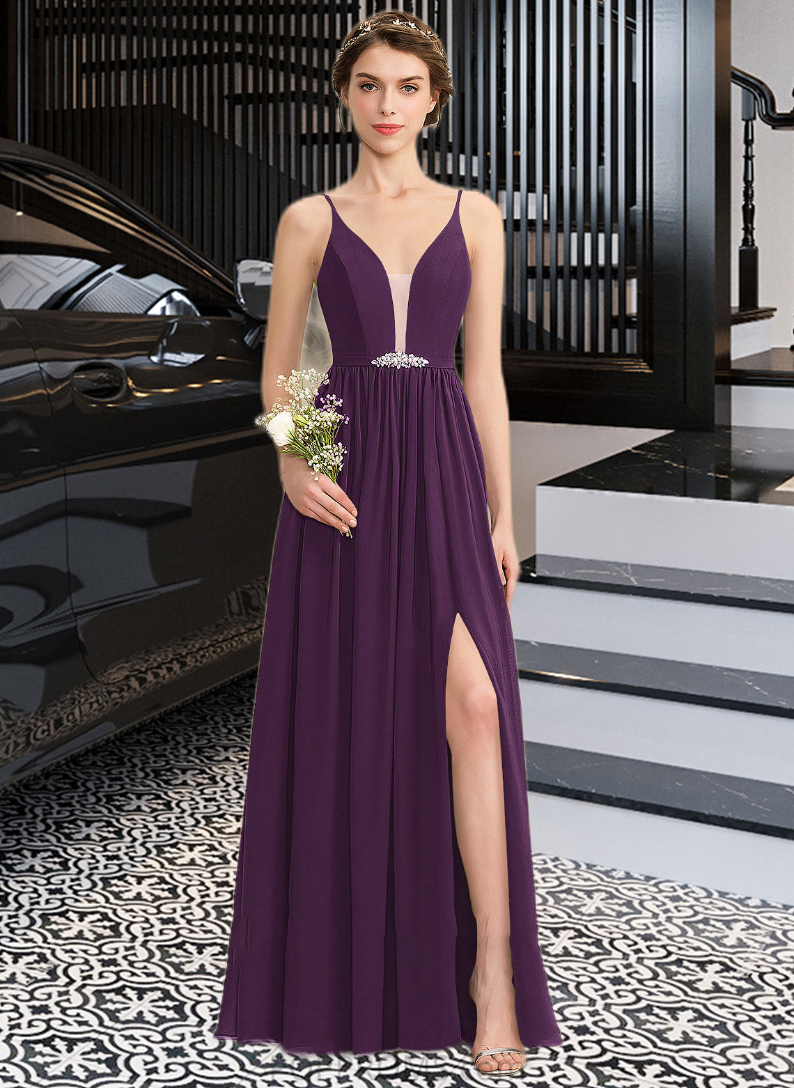 Gabrielle A-Line V-neck Floor-Length Chiffon Bridesmaid Dress With Beading Sequins Split Front Pockets PP6P0013028