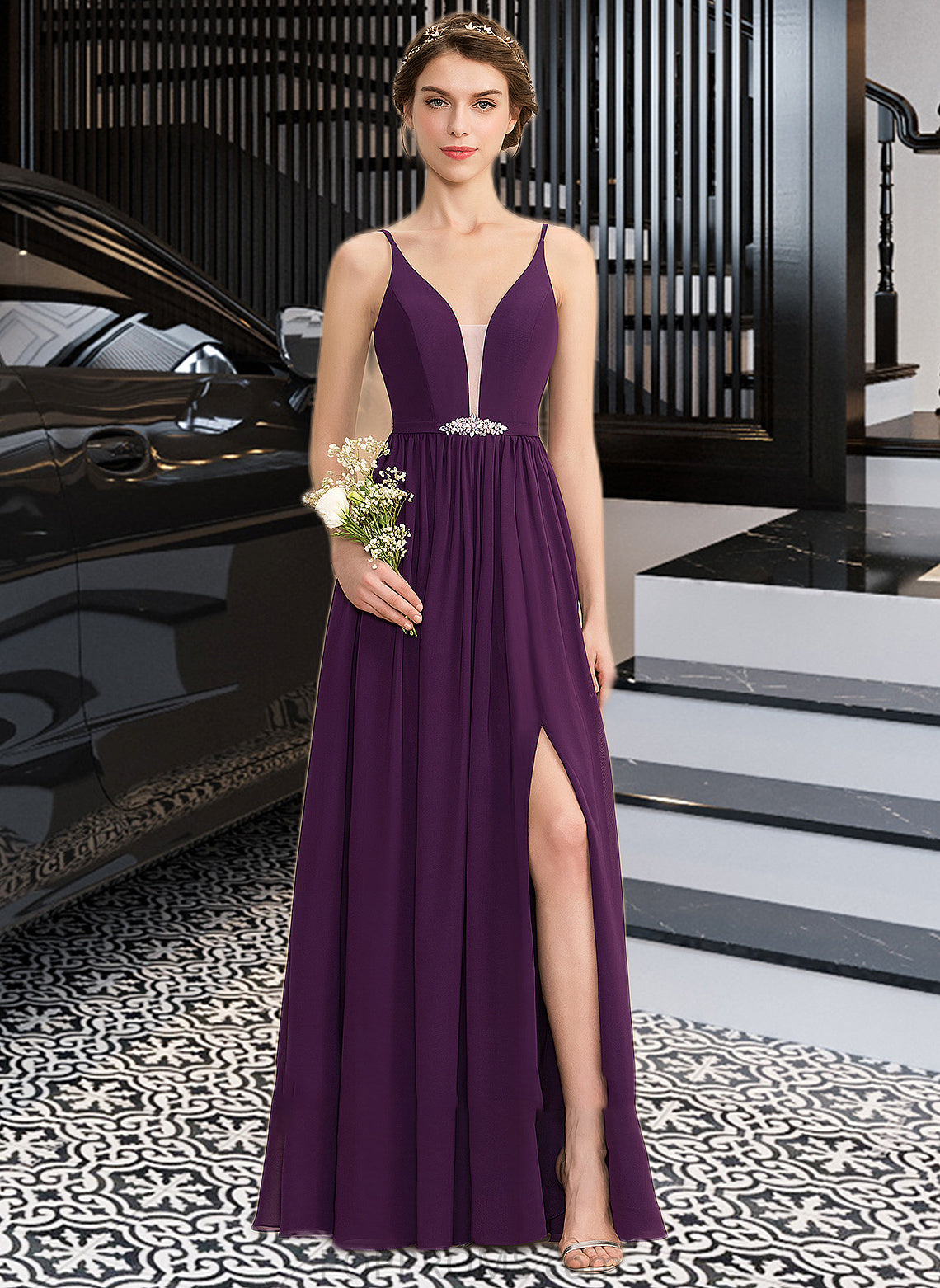 Gabrielle A-Line V-neck Floor-Length Chiffon Bridesmaid Dress With Beading Sequins Split Front Pockets PP6P0013028