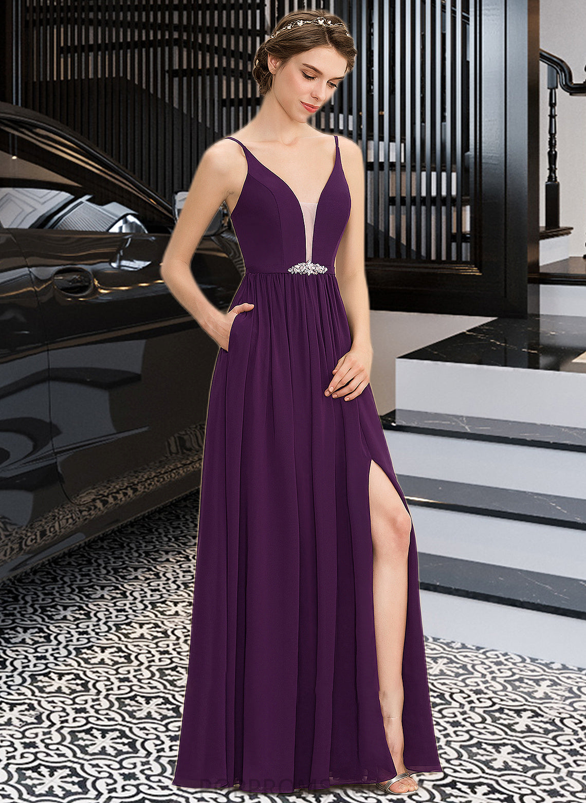 Gabrielle A-Line V-neck Floor-Length Chiffon Bridesmaid Dress With Beading Sequins Split Front Pockets PP6P0013028