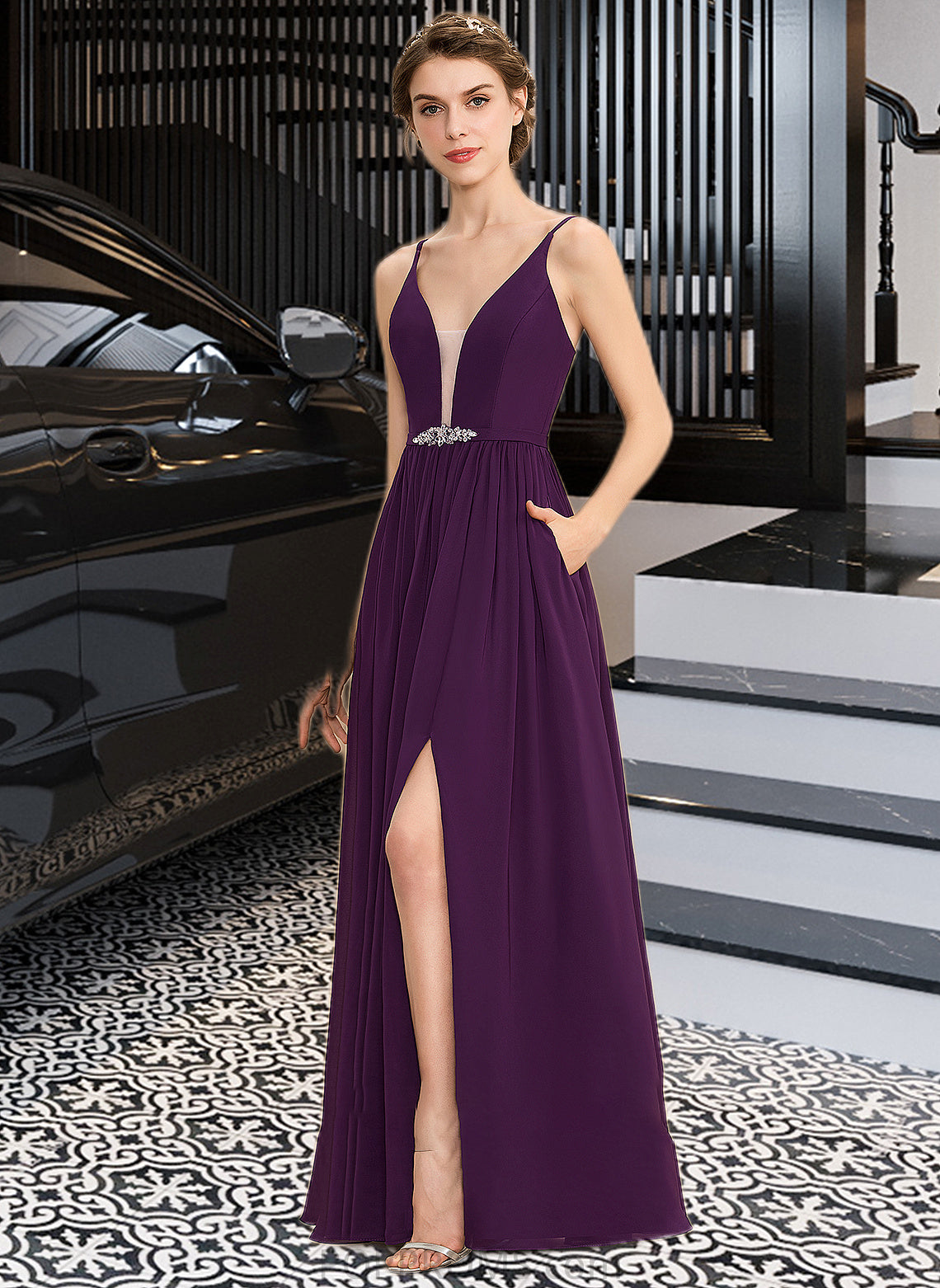 Gabrielle A-Line V-neck Floor-Length Chiffon Bridesmaid Dress With Beading Sequins Split Front Pockets PP6P0013028