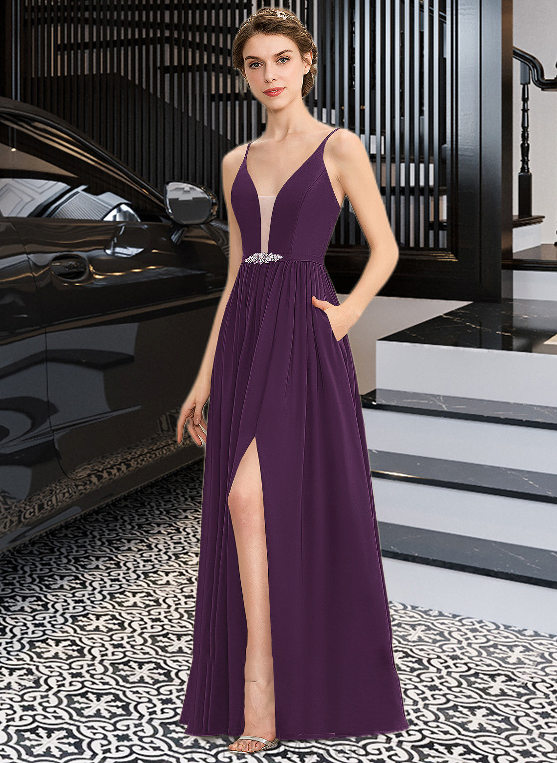 Gabrielle A-Line V-neck Floor-Length Chiffon Bridesmaid Dress With Beading Sequins Split Front Pockets PP6P0013028