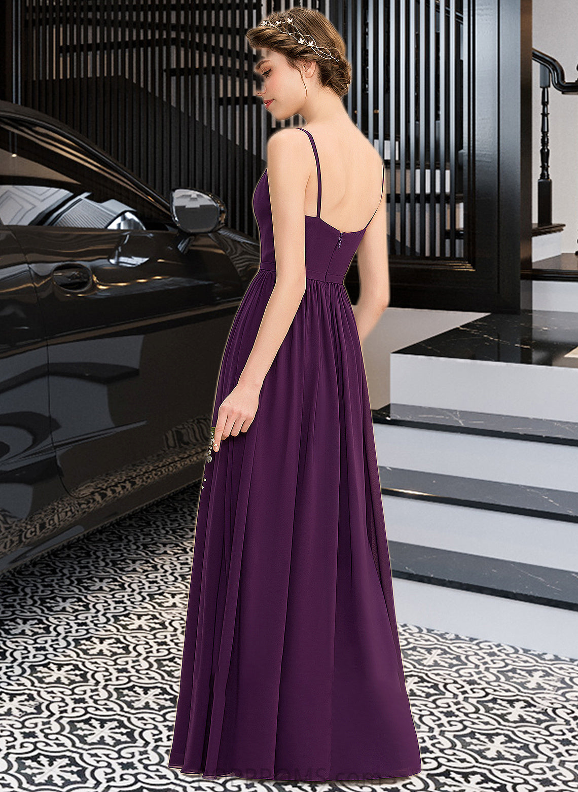 Gabrielle A-Line V-neck Floor-Length Chiffon Bridesmaid Dress With Beading Sequins Split Front Pockets PP6P0013028