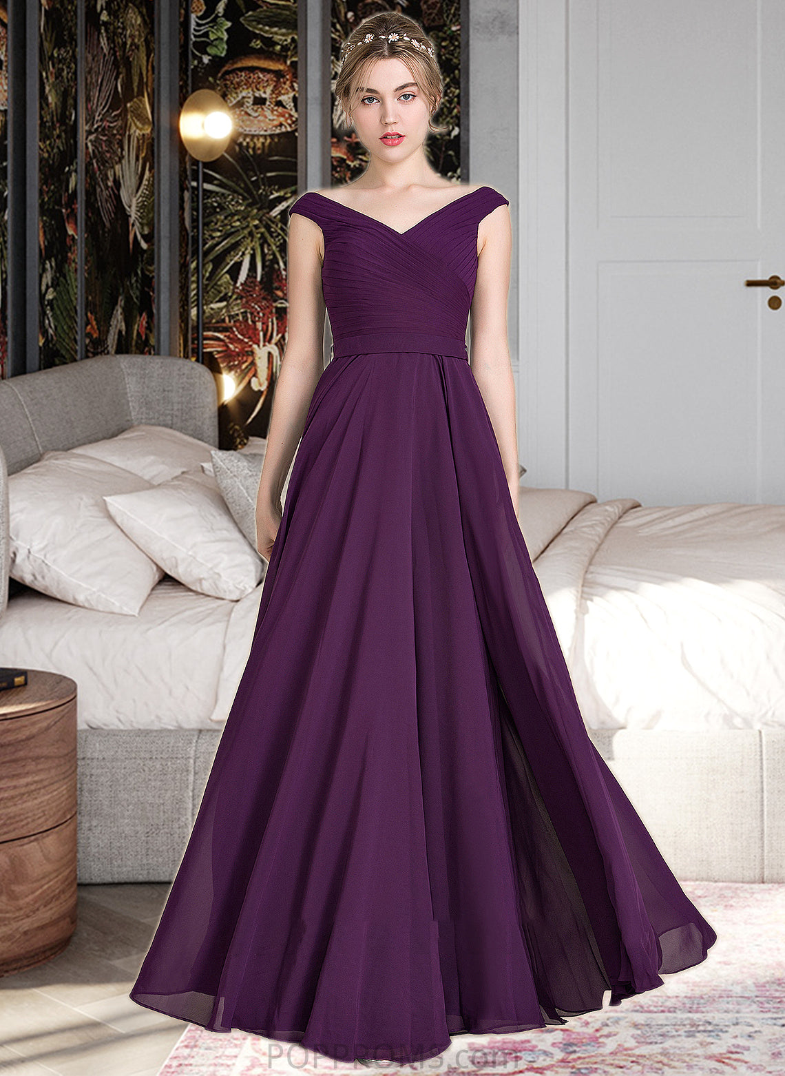 Kendal A-line Off the Shoulder Floor-Length Chiffon Bridesmaid Dress With Ruffle PP6P0013029