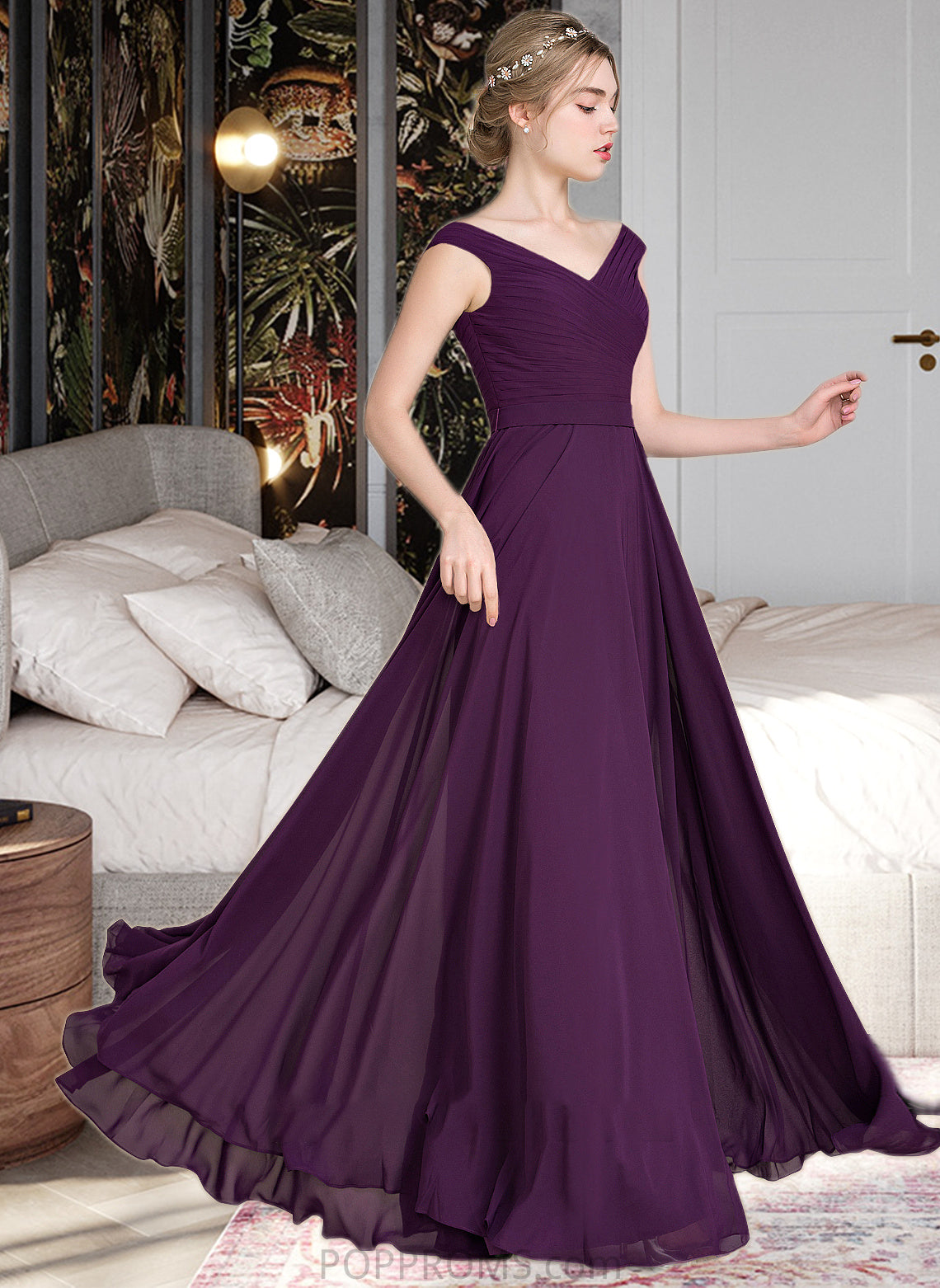 Kendal A-line Off the Shoulder Floor-Length Chiffon Bridesmaid Dress With Ruffle PP6P0013029