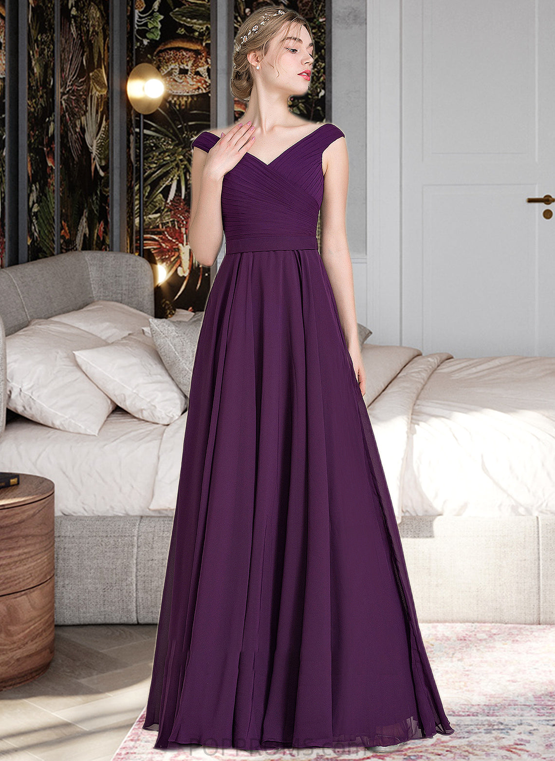 Kendal A-line Off the Shoulder Floor-Length Chiffon Bridesmaid Dress With Ruffle PP6P0013029