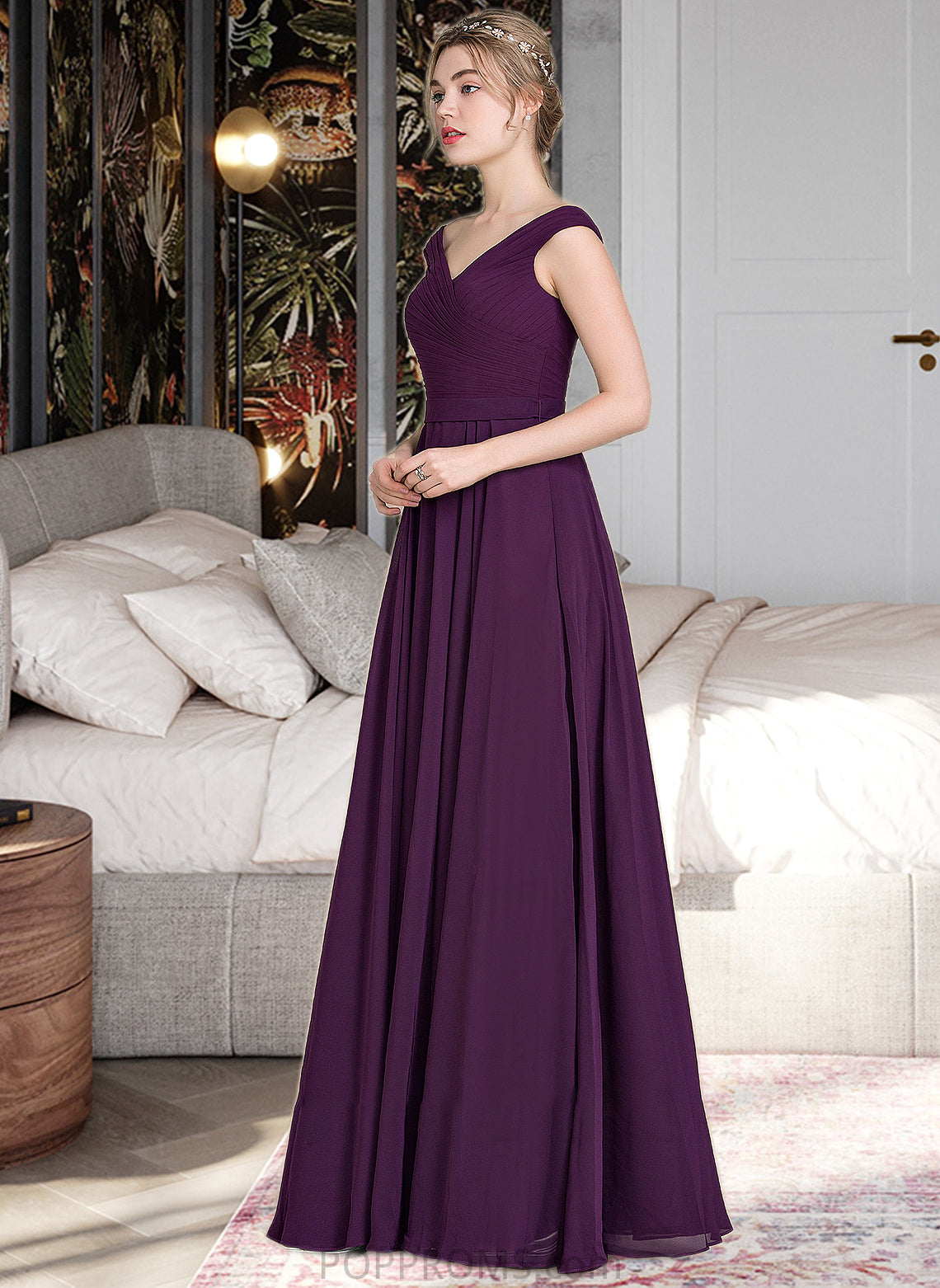 Kendal A-line Off the Shoulder Floor-Length Chiffon Bridesmaid Dress With Ruffle PP6P0013029