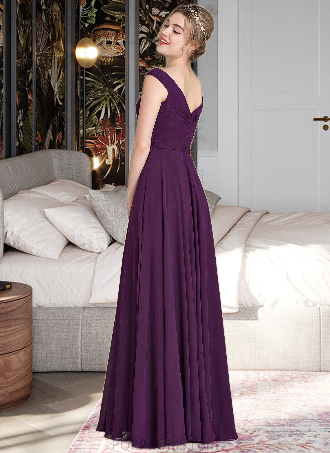 Kendal A-line Off the Shoulder Floor-Length Chiffon Bridesmaid Dress With Ruffle PP6P0013029