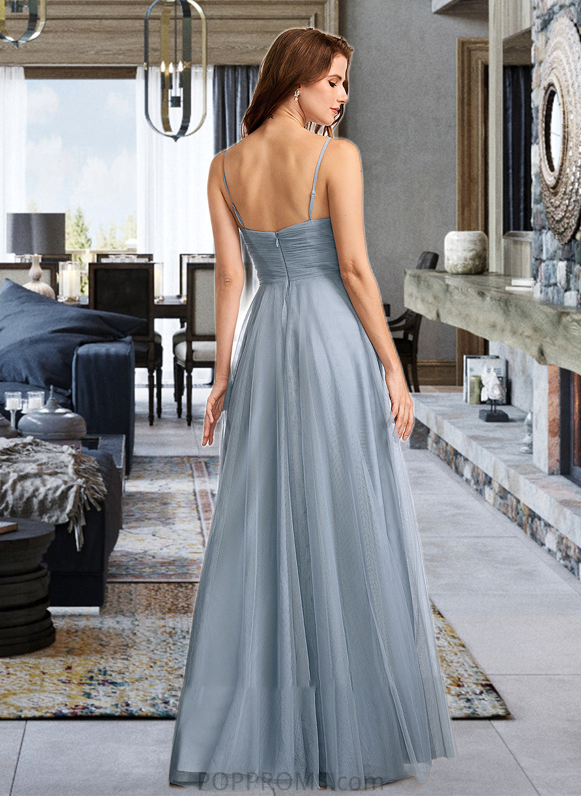 Makenna A-Line V-neck Floor-Length Bridesmaid Dress With Lace PP6P0013030