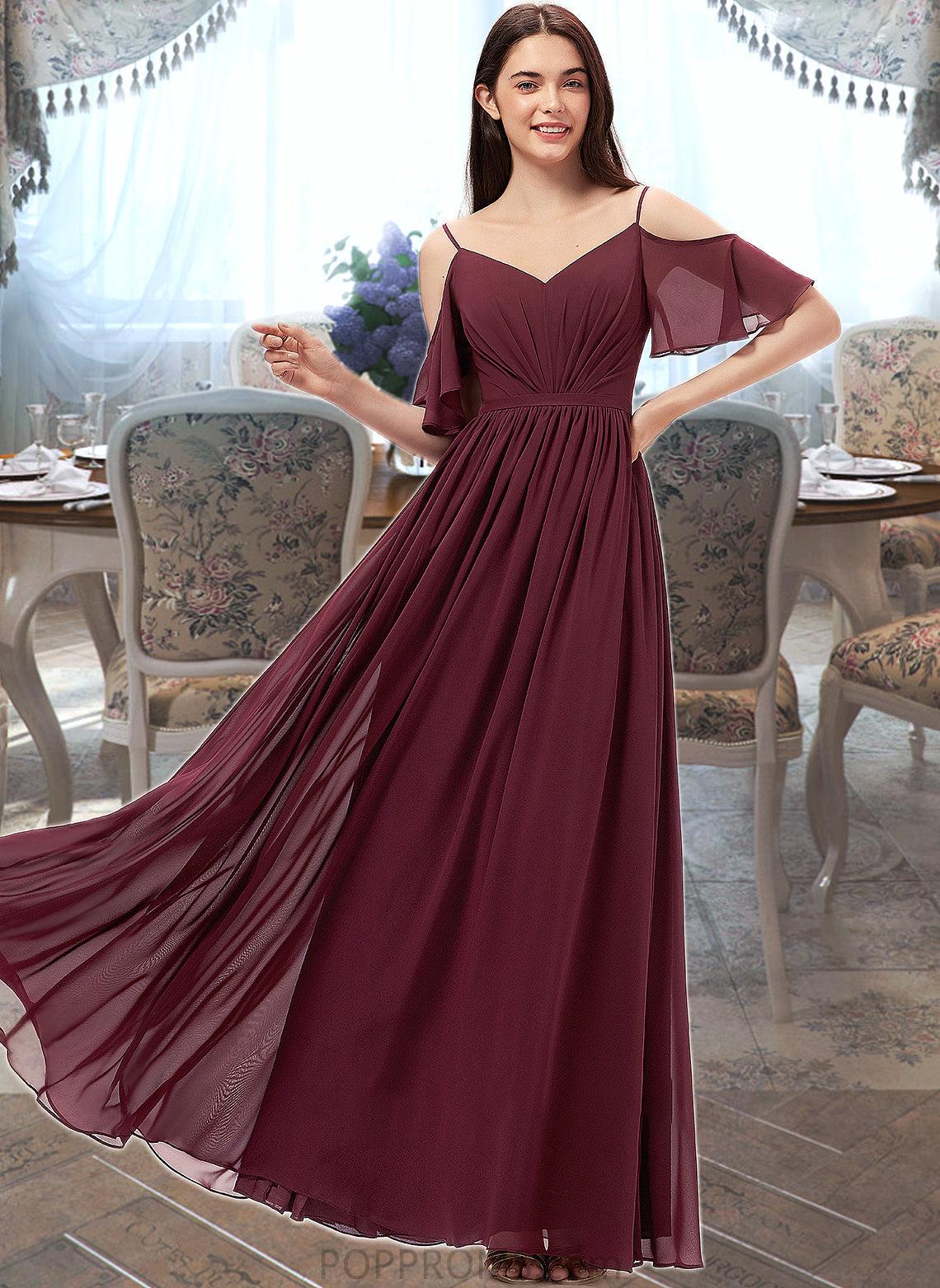 Makayla A-line V-Neck Floor-Length Chiffon Bridesmaid Dress With Ruffle PP6P0013031