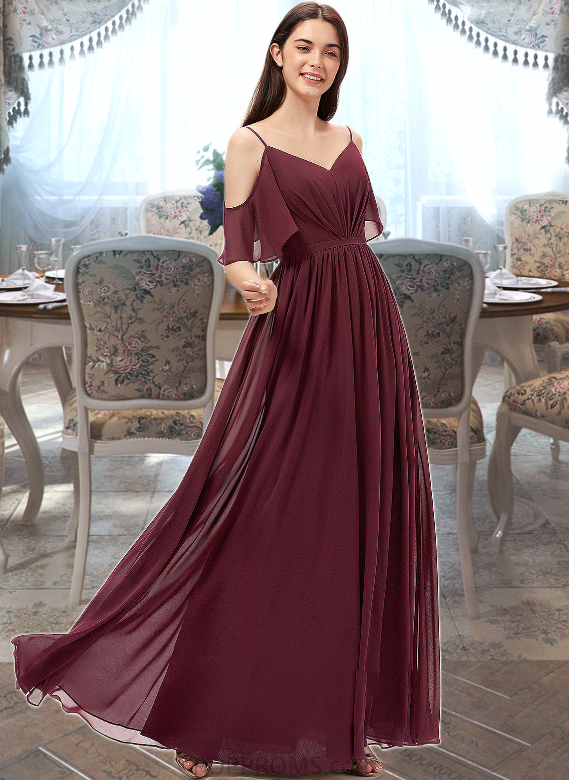 Makayla A-line V-Neck Floor-Length Chiffon Bridesmaid Dress With Ruffle PP6P0013031