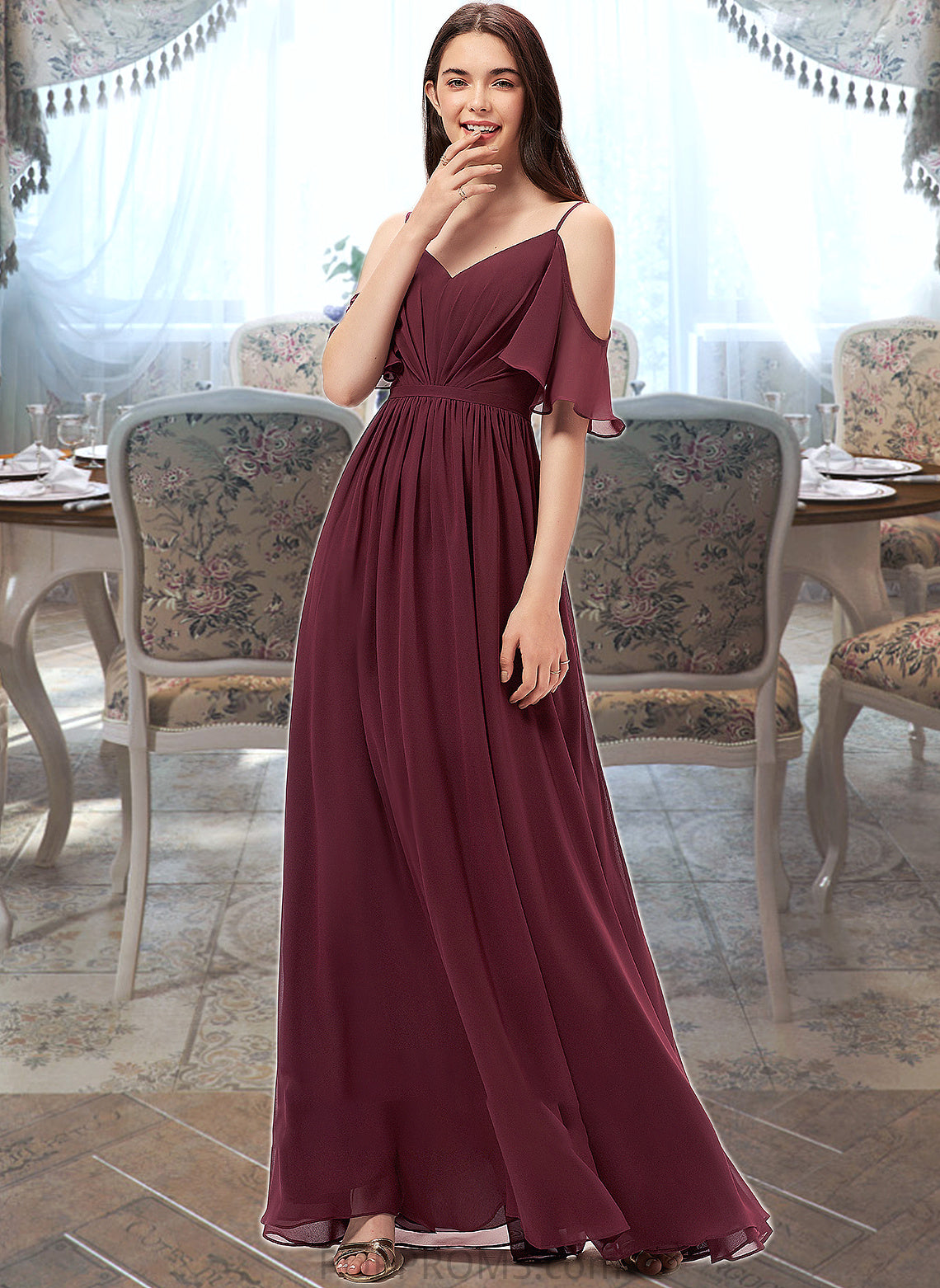 Makayla A-line V-Neck Floor-Length Chiffon Bridesmaid Dress With Ruffle PP6P0013031