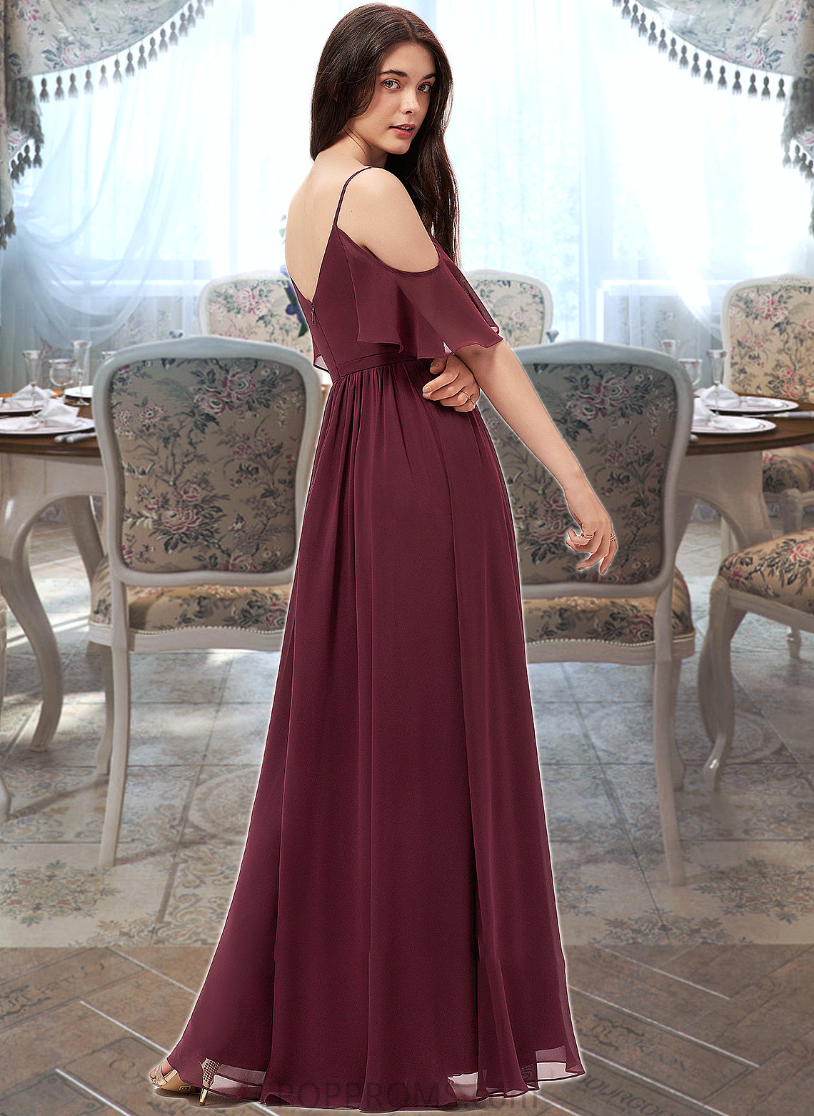 Makayla A-line V-Neck Floor-Length Chiffon Bridesmaid Dress With Ruffle PP6P0013031