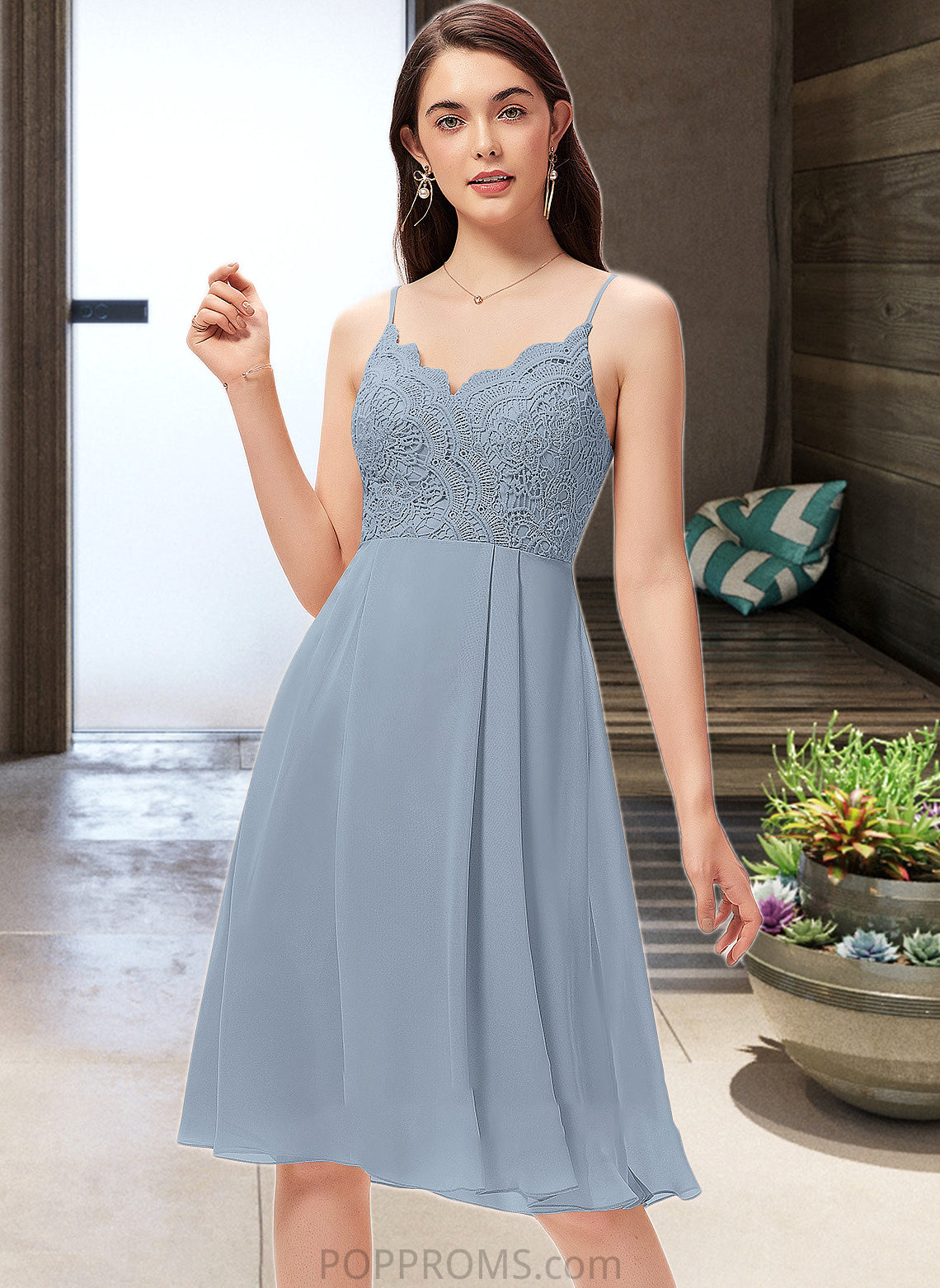 Isis A-Line V-neck Knee-Length Chiffon Lace Bridesmaid Dress PP6P0013032