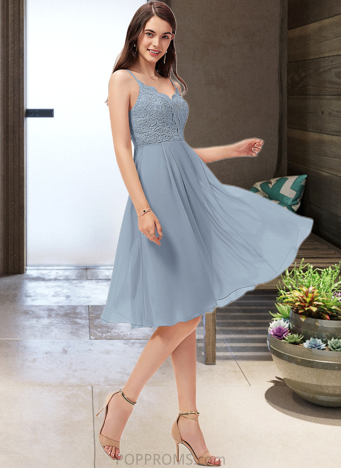 Isis A-Line V-neck Knee-Length Chiffon Lace Bridesmaid Dress PP6P0013032