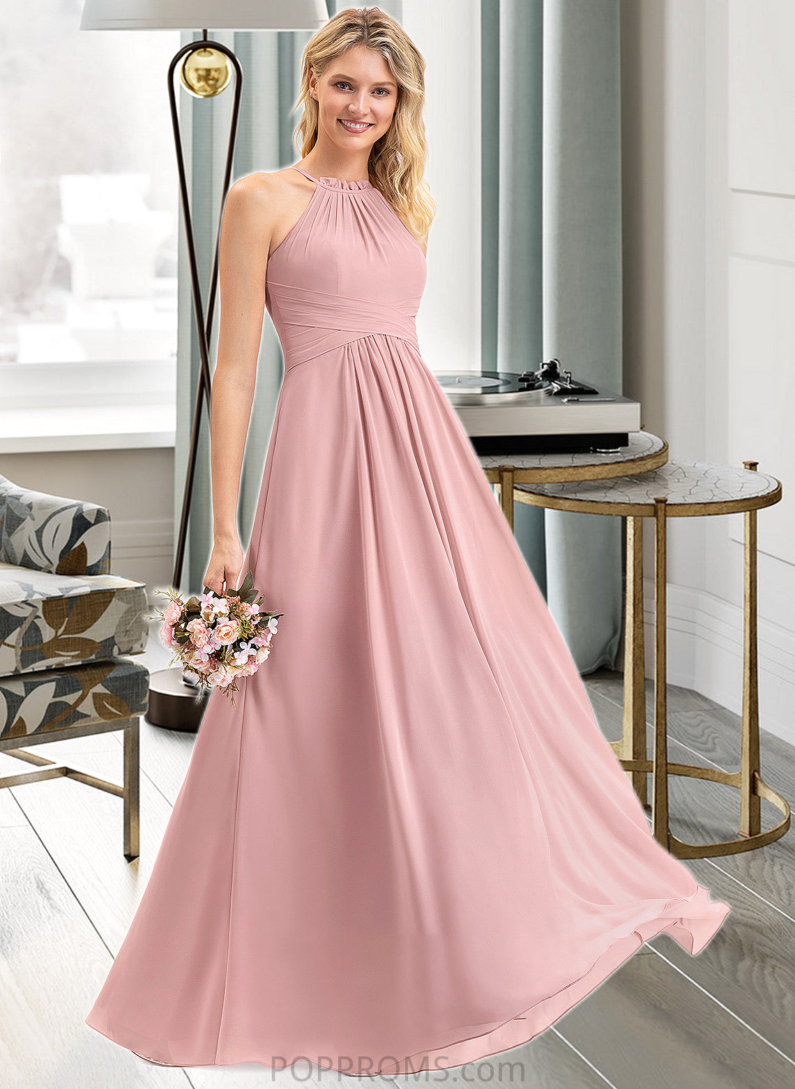 Lizeth A-Line Scoop Neck Floor-Length Chiffon Bridesmaid Dress With Bow(s) Cascading Ruffles PP6P0013033