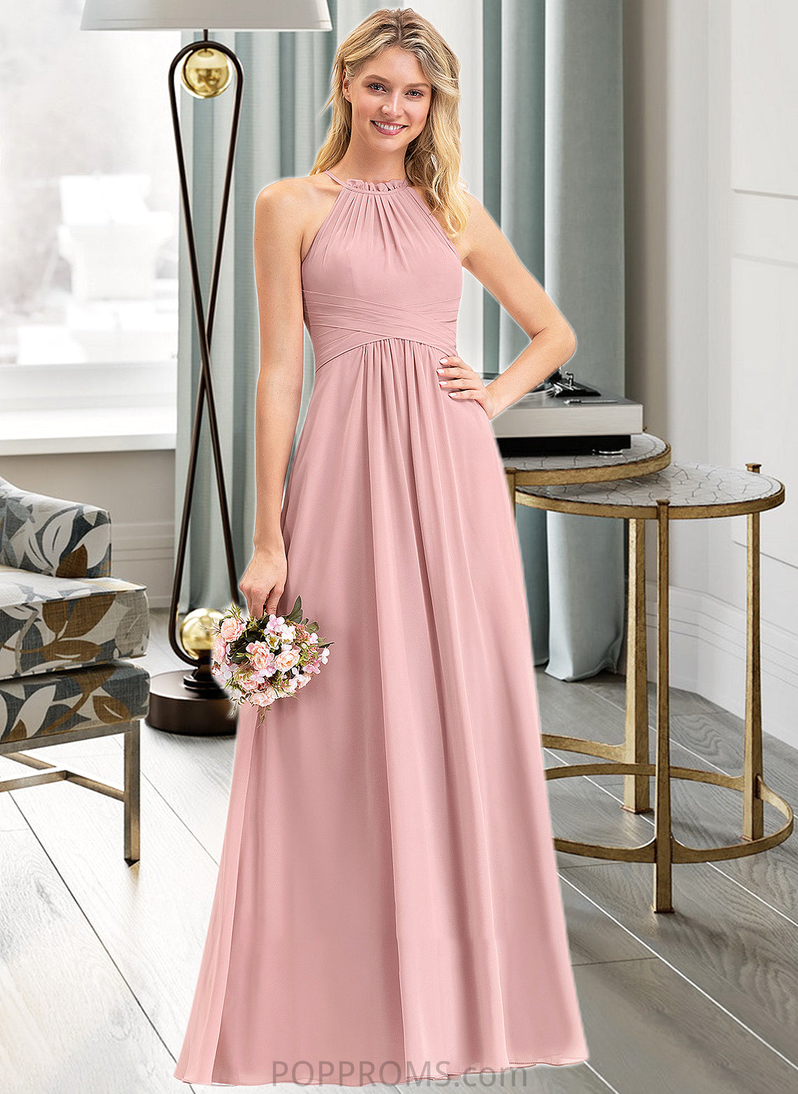 Lizeth A-Line Scoop Neck Floor-Length Chiffon Bridesmaid Dress With Bow(s) Cascading Ruffles PP6P0013033