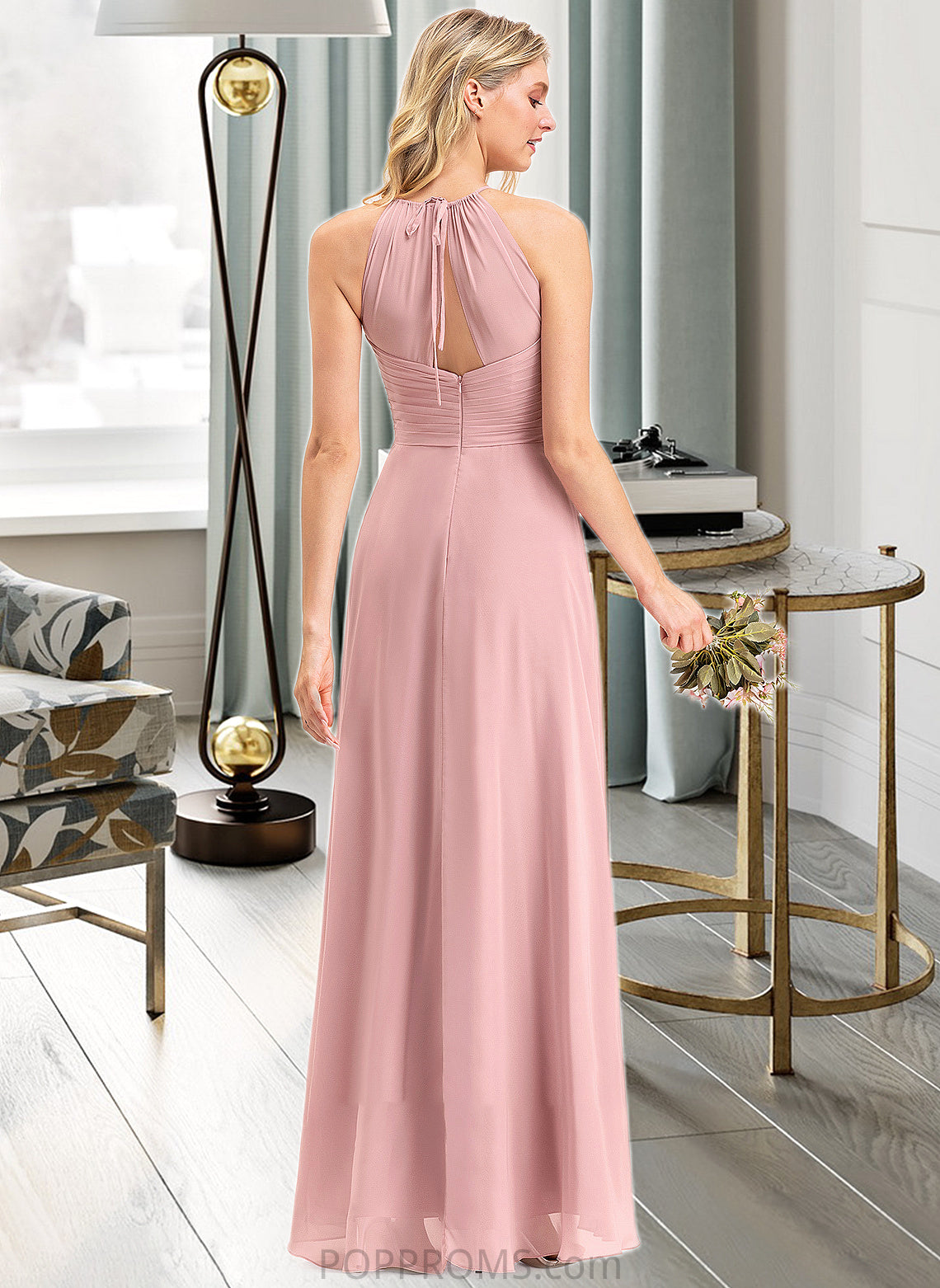 Lizeth A-Line Scoop Neck Floor-Length Chiffon Bridesmaid Dress With Bow(s) Cascading Ruffles PP6P0013033