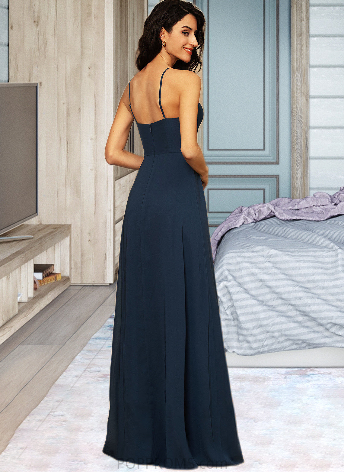 Deanna A-LineSquareNecklineFloor-LengthChiffonBridesmaidDressWithSplitFront#251397 PP6P0013036