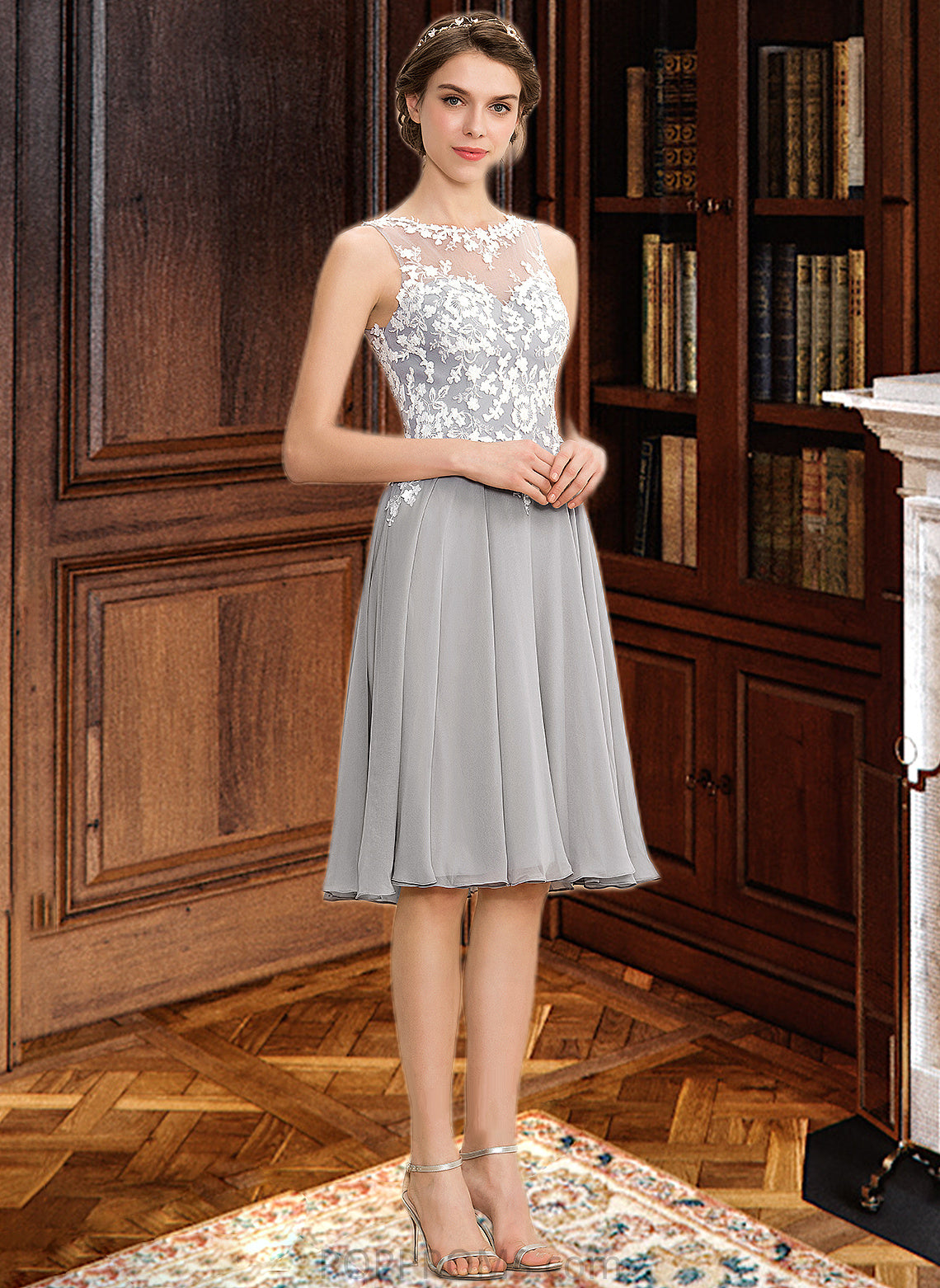 Rosalind A-Line Scoop Neck Knee-Length Chiffon Lace Bridesmaid Dress PP6P0013038