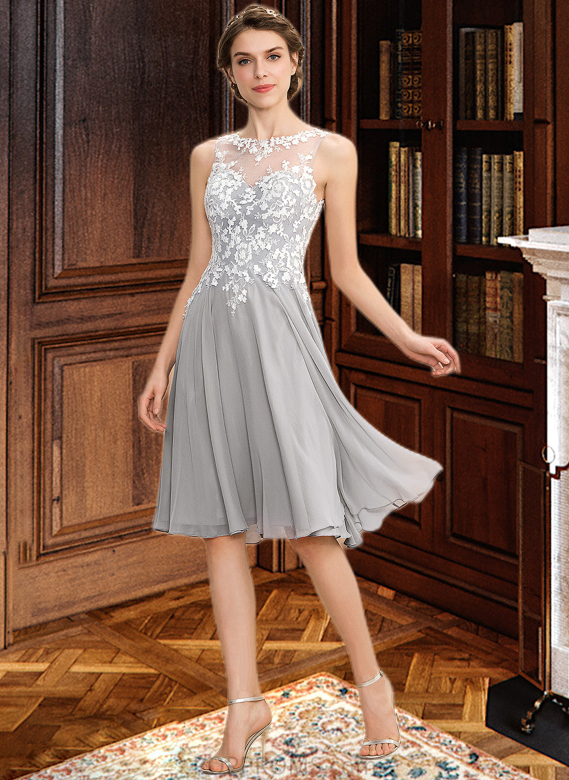 Rosalind A-Line Scoop Neck Knee-Length Chiffon Lace Bridesmaid Dress PP6P0013038